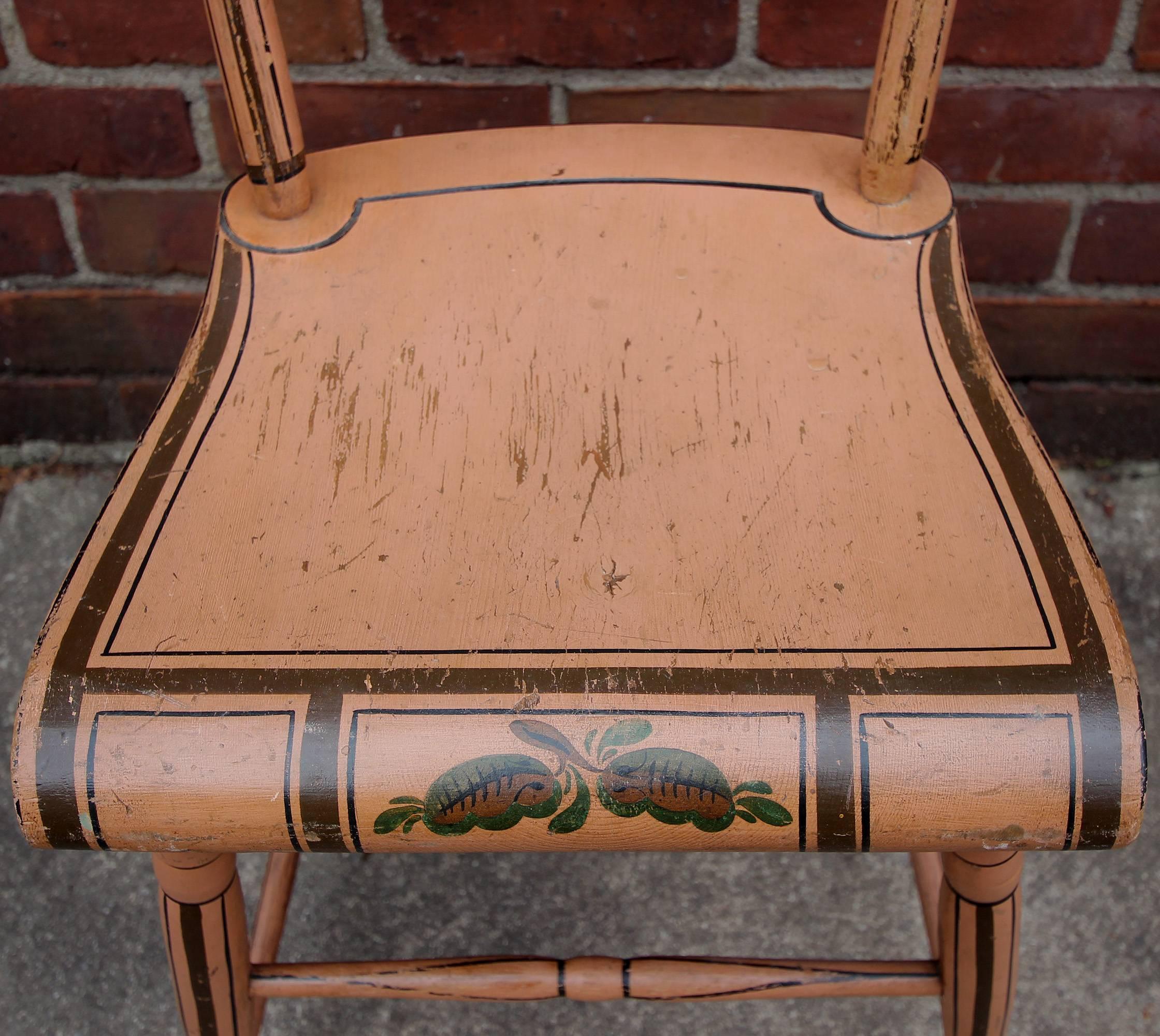 Set of Six Salmon Painted and Decorated Chairs, Pennsylvania, circa 1840 In Excellent Condition For Sale In Philadelphia, PA