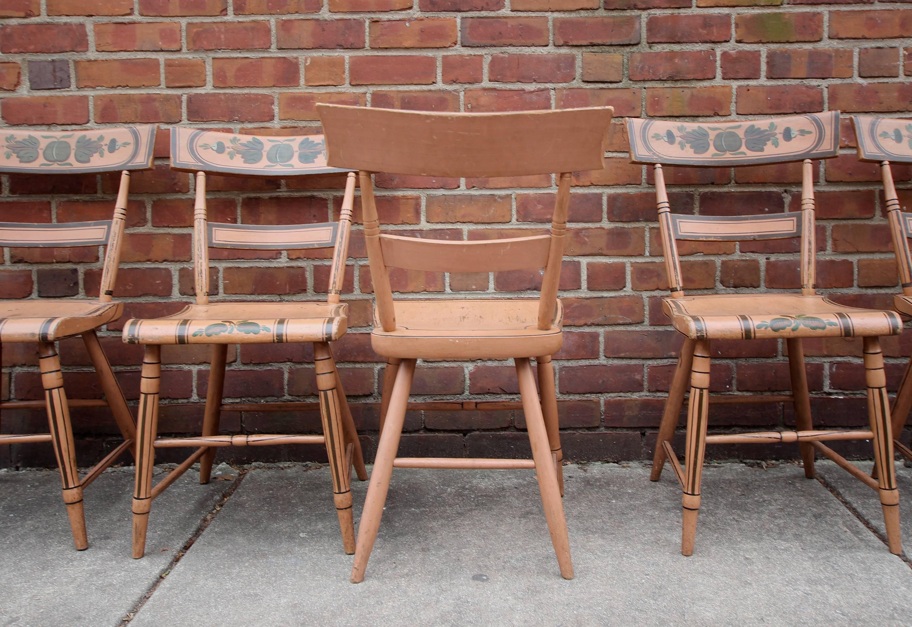 Wood Set of Six Salmon Painted and Decorated Chairs, Pennsylvania, circa 1840 For Sale