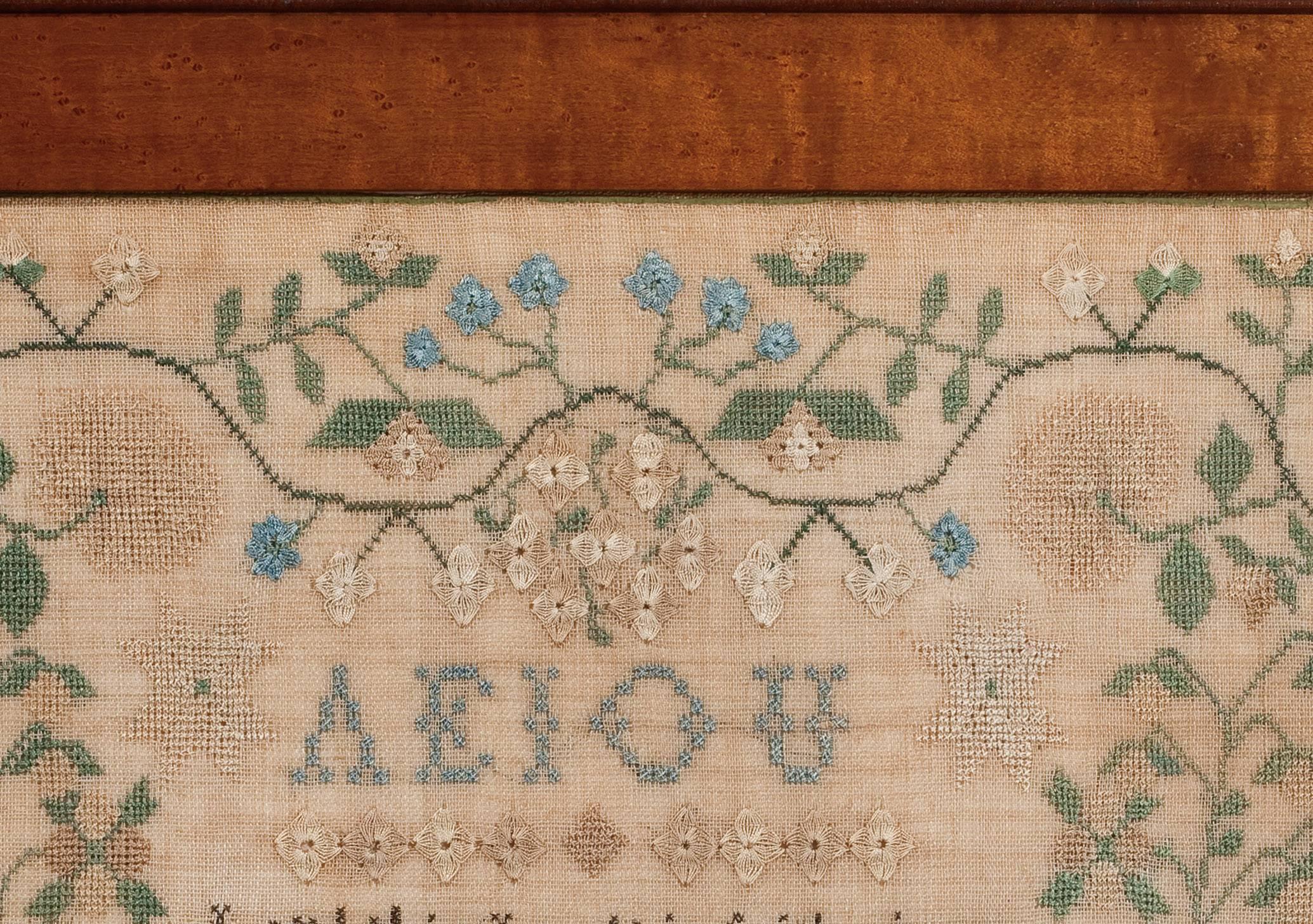 Schoolgirls from Pennsylvania continued to produce strong, pictorial samplers into the 1840s, occasionally featuring large, public buildings. Catharine Earnest’s sampler, with a wonderful church building and an outstanding border, is a praiseworthy