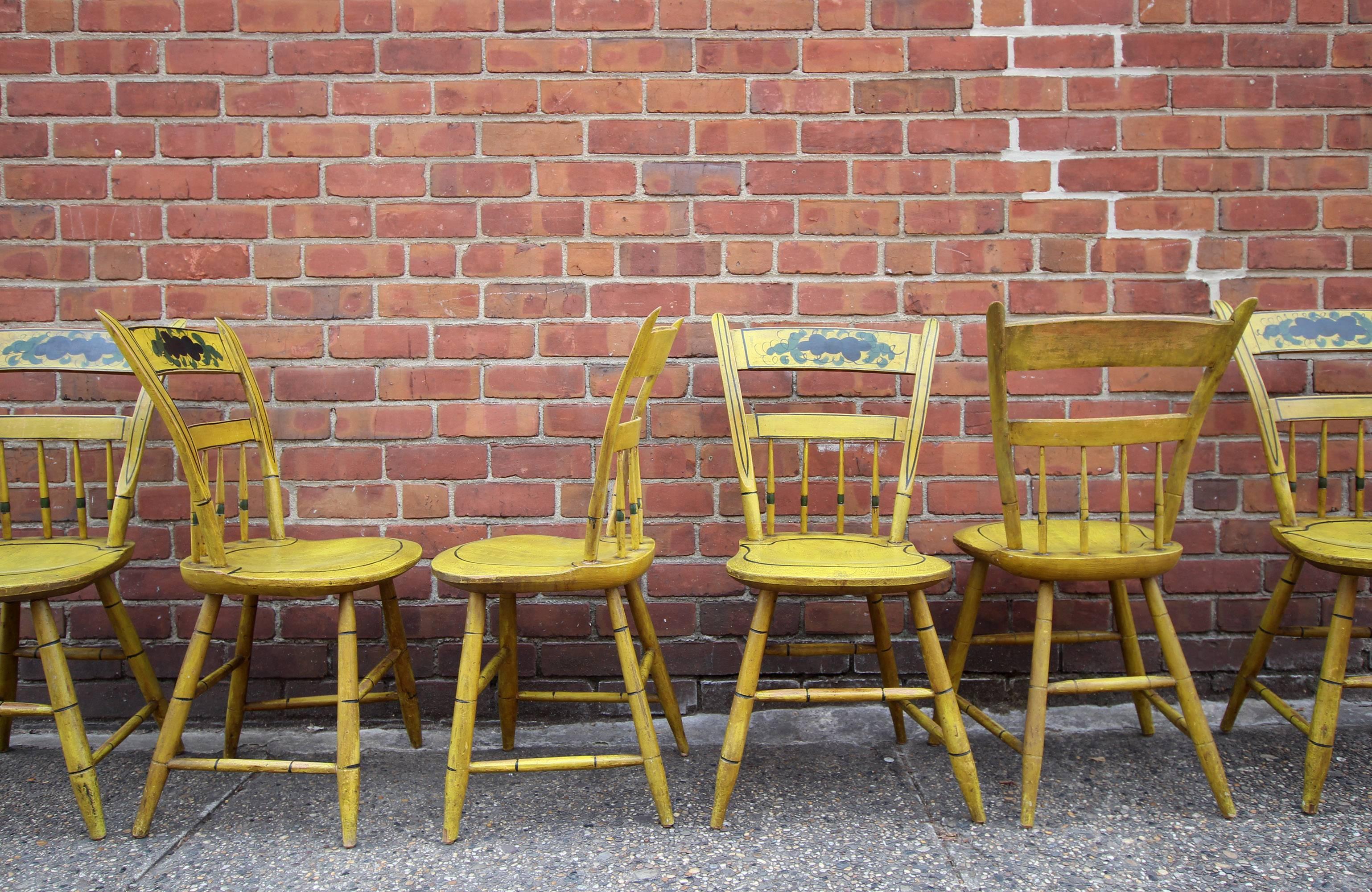 Folk Art Set of Six Yellow Paint Decorated Chairs, New England, circa 1840 For Sale