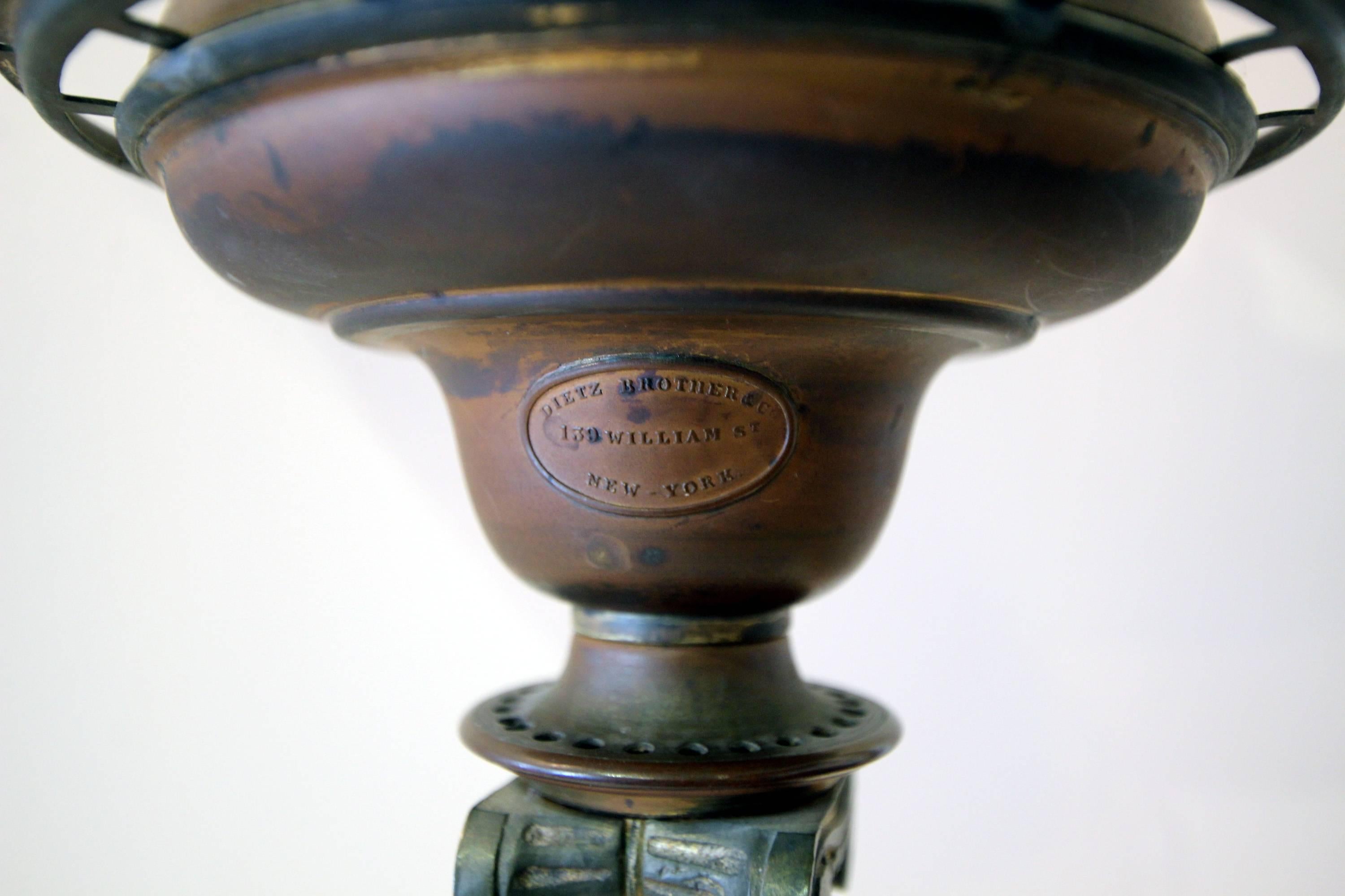 Mid-19th Century 19th Century Classical Brass Lamp, Signed by Manufacturer, NYC