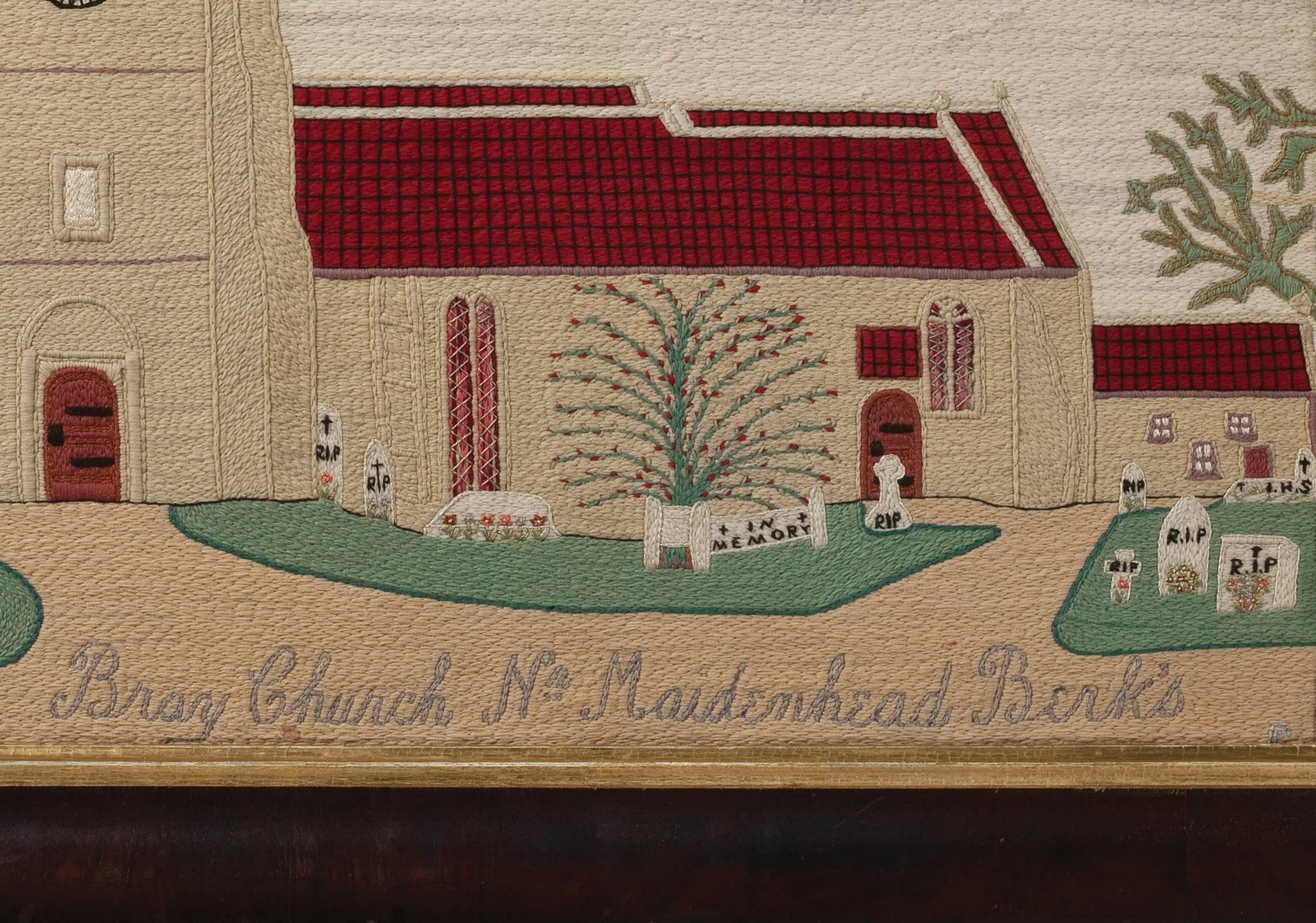 A large and very handsome needlework picture, this is entitled “Bray Church Nr. Maidenhead Berks” and the subject is the wonderful, famed medieval church built in 1293. Located in Berkshire, six miles from Windsor Castle, its patroness was Queen