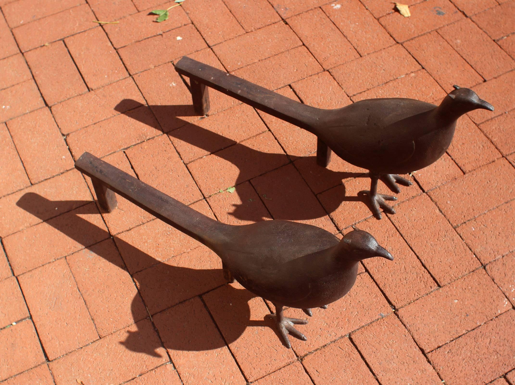 Folk Art Cast Iron Pheasant Andirons