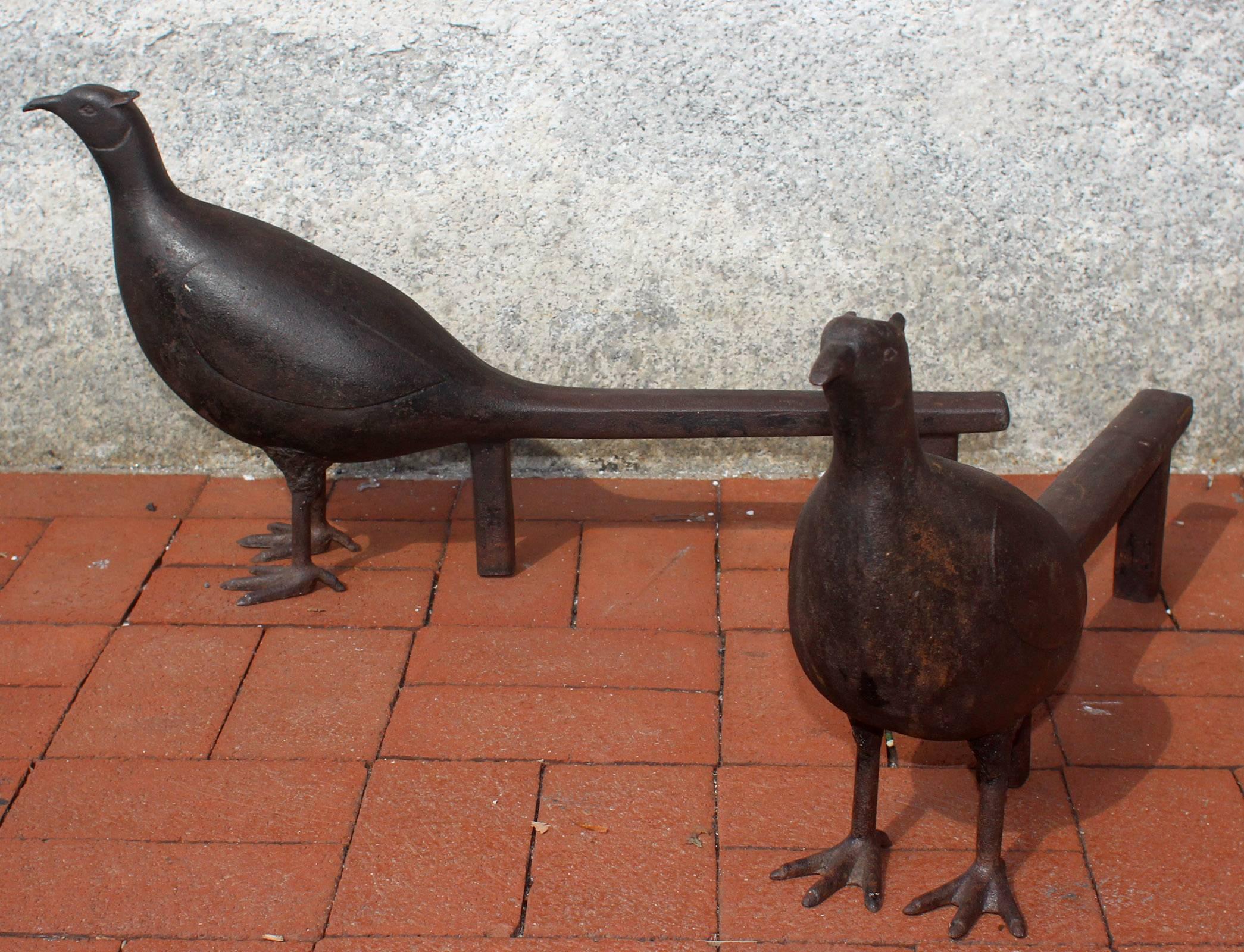 Outstanding and rare cast iron pheasant andirons with simple sculptural detail; American, mid-19th century. Extremely well-made and heavy.