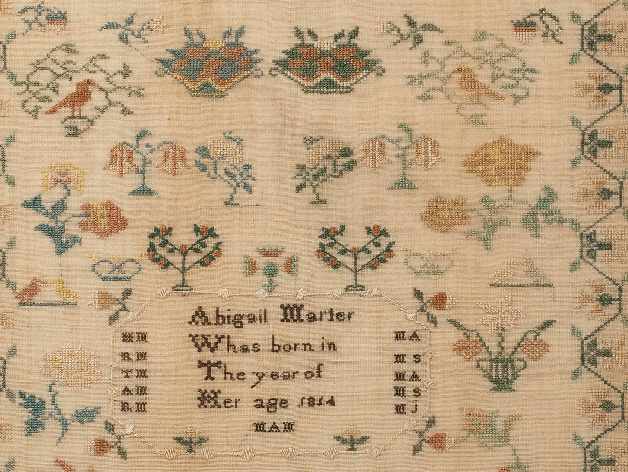 The pictorial samplers made in Burlington County, New Jersey in the first three decades of the 19th century form one of the most significant of all groups of American samplers. They often feature balanced compositions of well-developed house and
