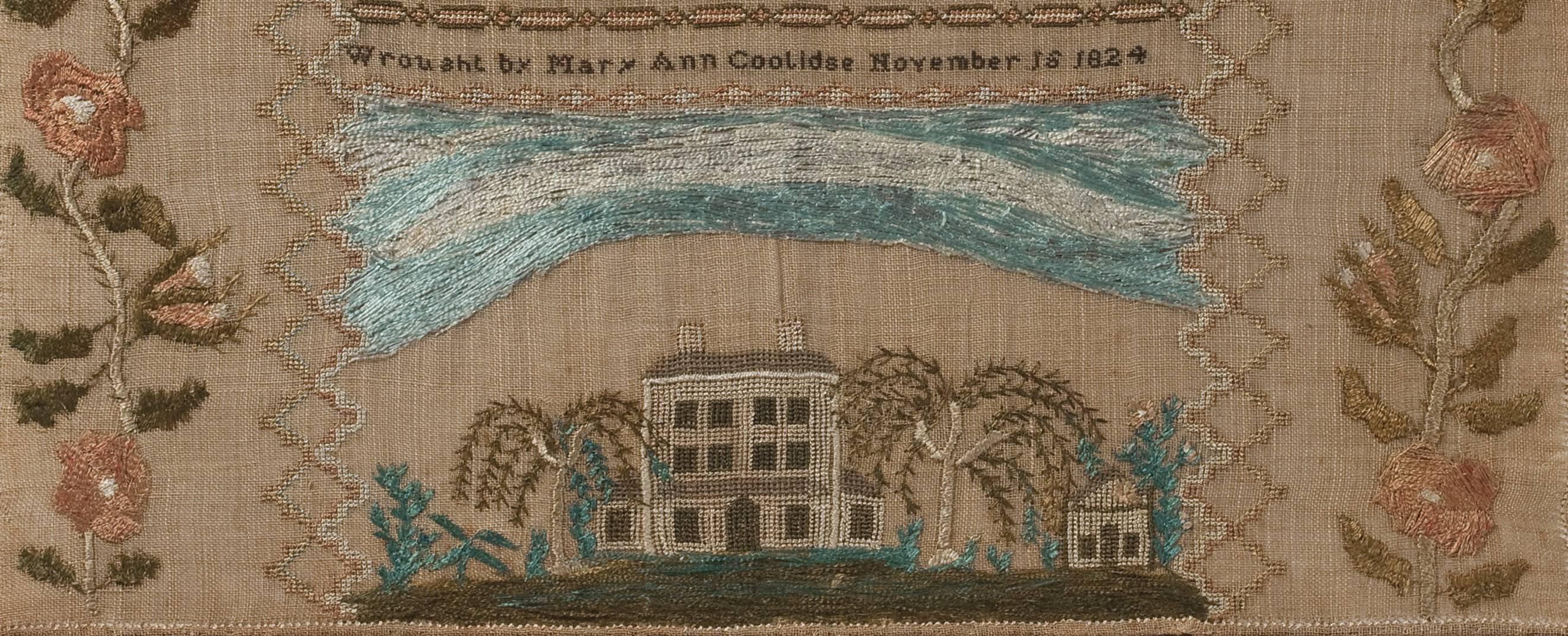 Boasting an outstanding composition and excellent needlework, this is a fine and Classic New England sampler made in 1824 by Mary Ann Coolidge of Cambridge, Massachusetts. The scene along the bottom is a tightly worked vignette featuring a large,