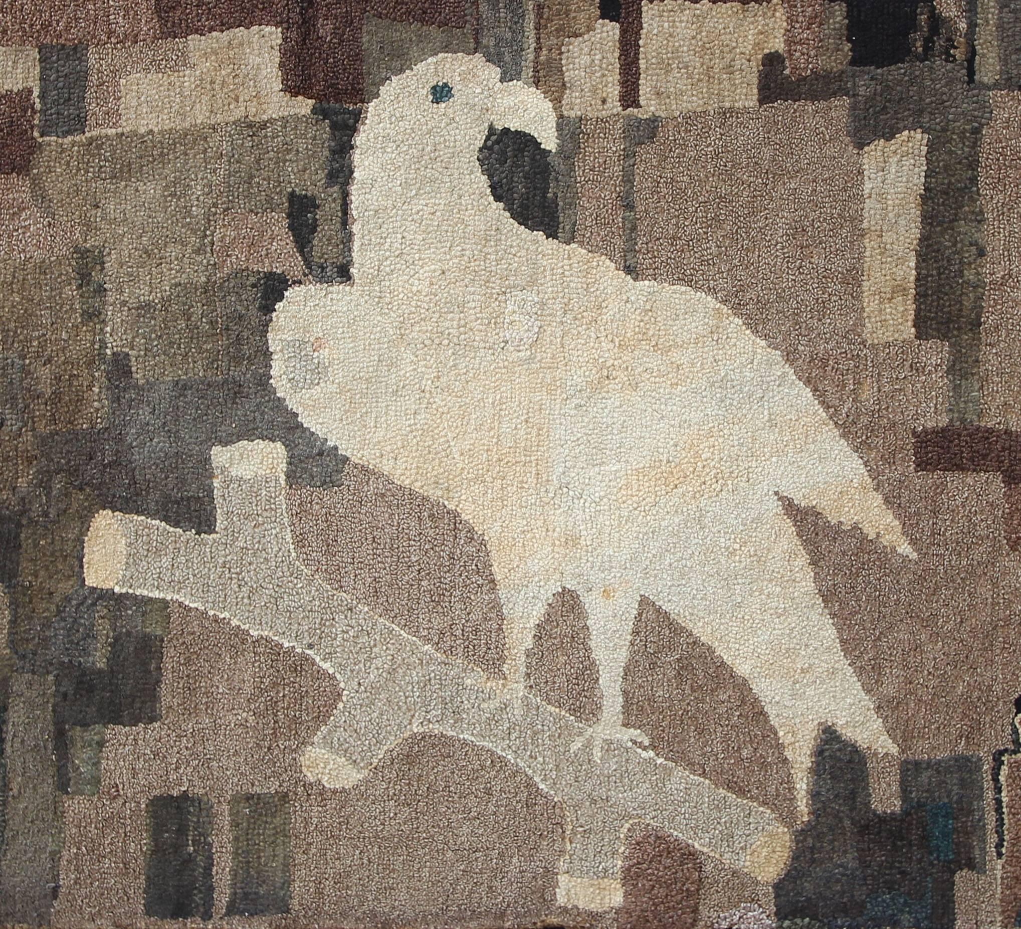 Large and outstanding folk art hooked rug featuring a perched eagle, against an abstract field and in neutral colors. An excellent, strong presence to the eagle and to rug as a whole. Professionally mounted on black fabric and on a custom built