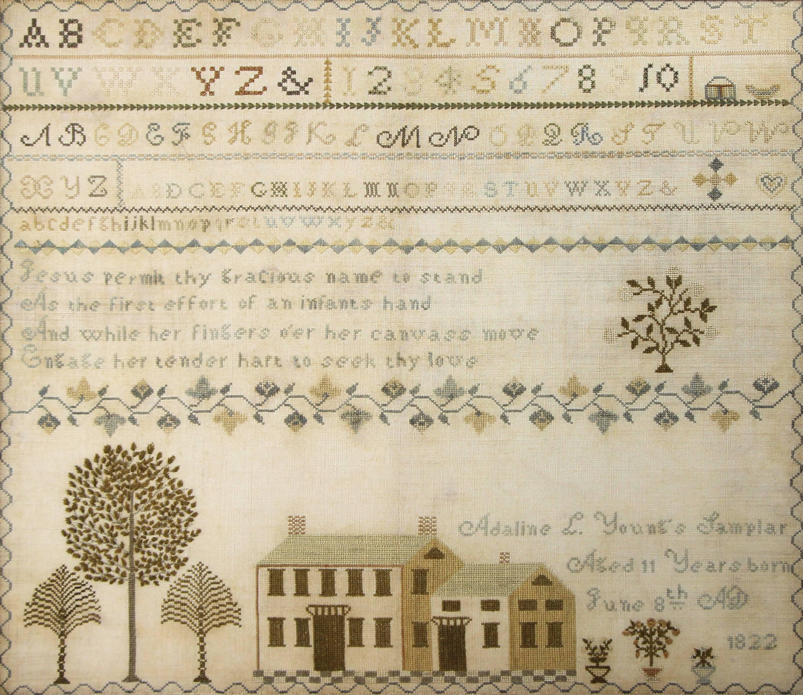 New London County, connecticut produced many excellent samplers from the middle of the 18th century through the first decades of the 19th century. Characterized by strong pictorial scenes executed in Fine needlework, these samplers are evidence of