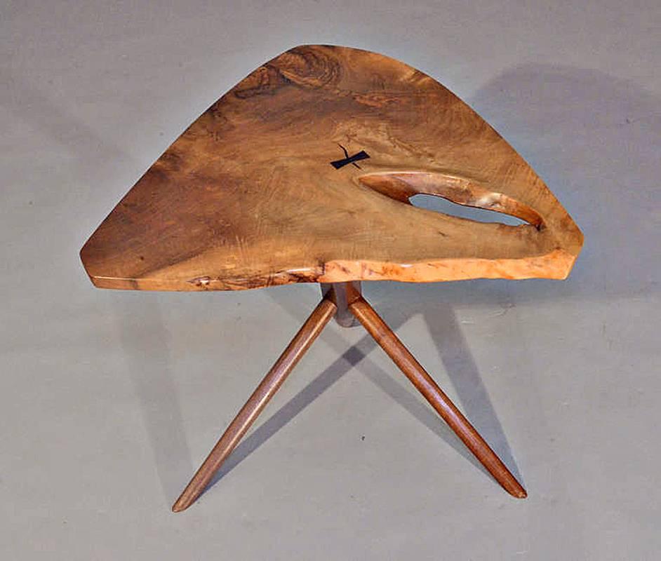 English walnut single board top with free-edge, rosewood butterfly and American black walnut base. Signed and dated 1984 - accompanied by a copy of the original drawing and invoice.