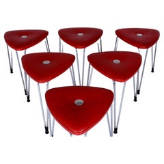 Set of Six Mid-Century Stools by Günter Talos, Chrome & Red Leather