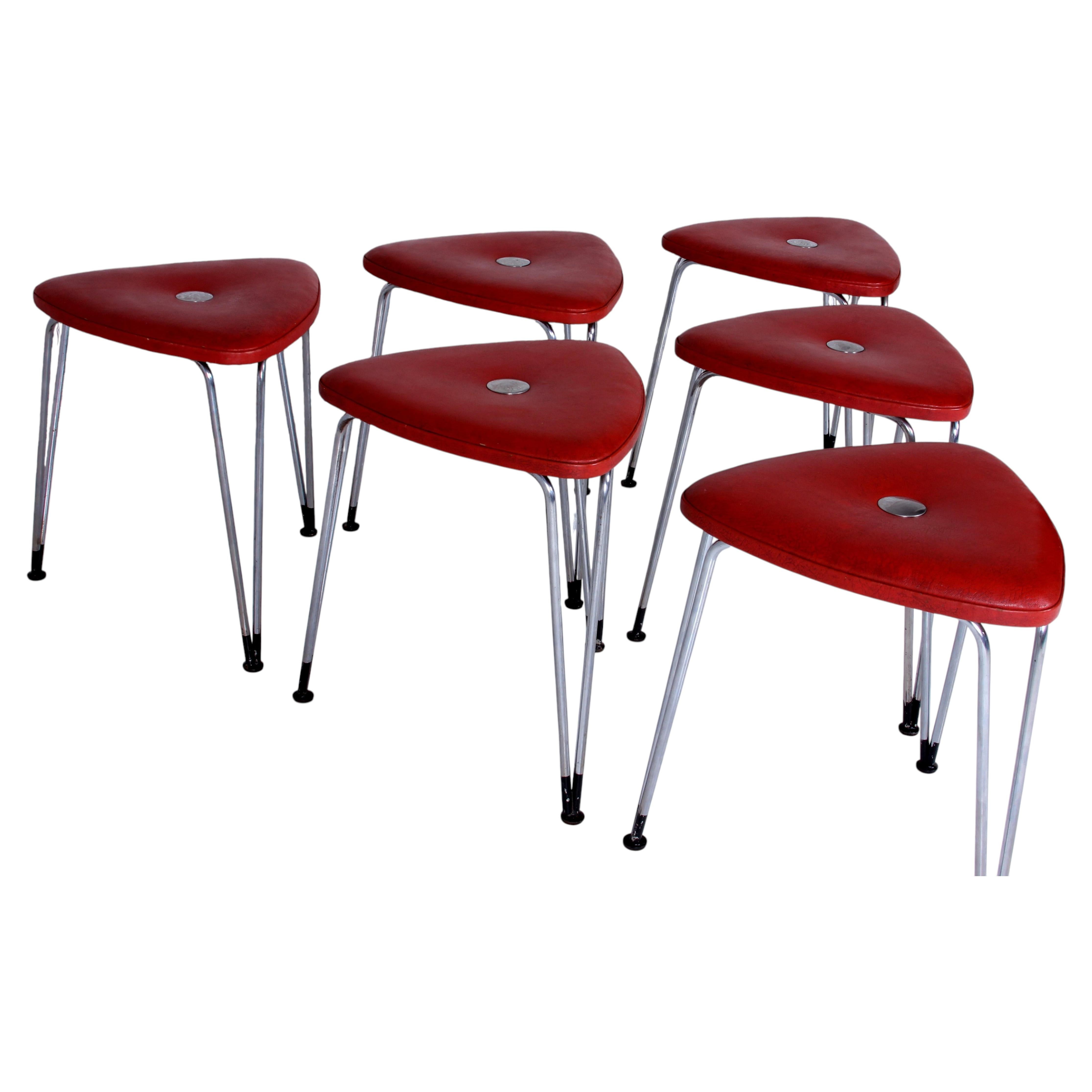 SET of SIX mid-century STOOLS by Günter Talos Vienna chrome iron pin legs 1950s For Sale