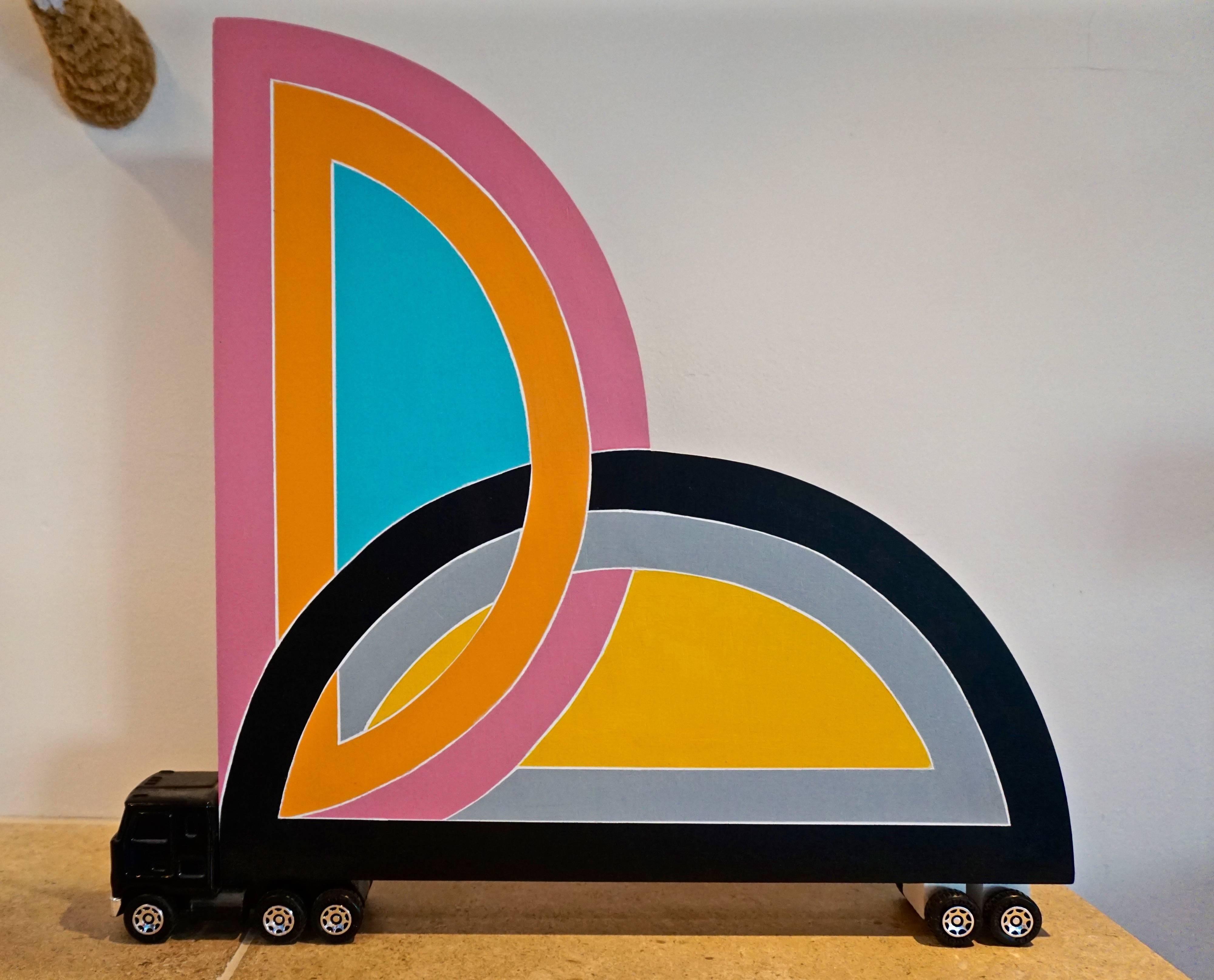 Double sided, signed and dated truck series.
Hand-painted construction, acrylic on wood with toy truck parts.