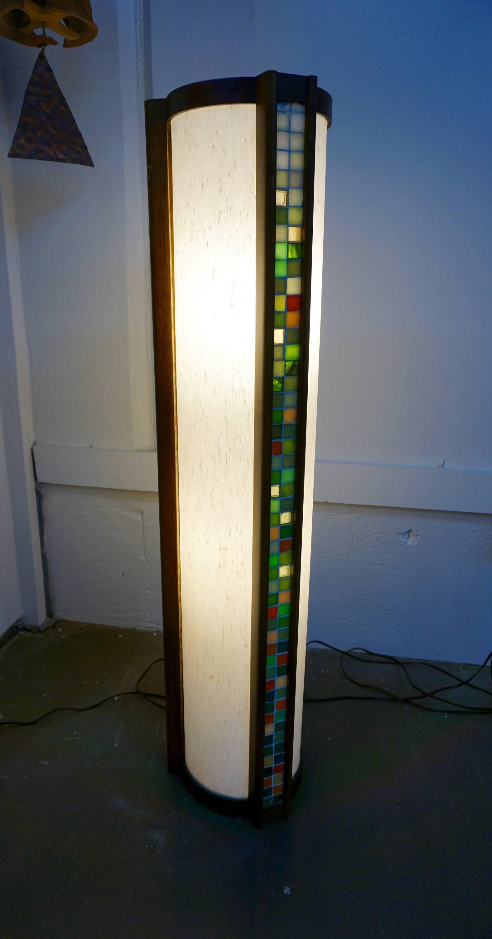 Possibly handmade, walnut construction with ribbed fiberglass shade and inset ceramic tiles.