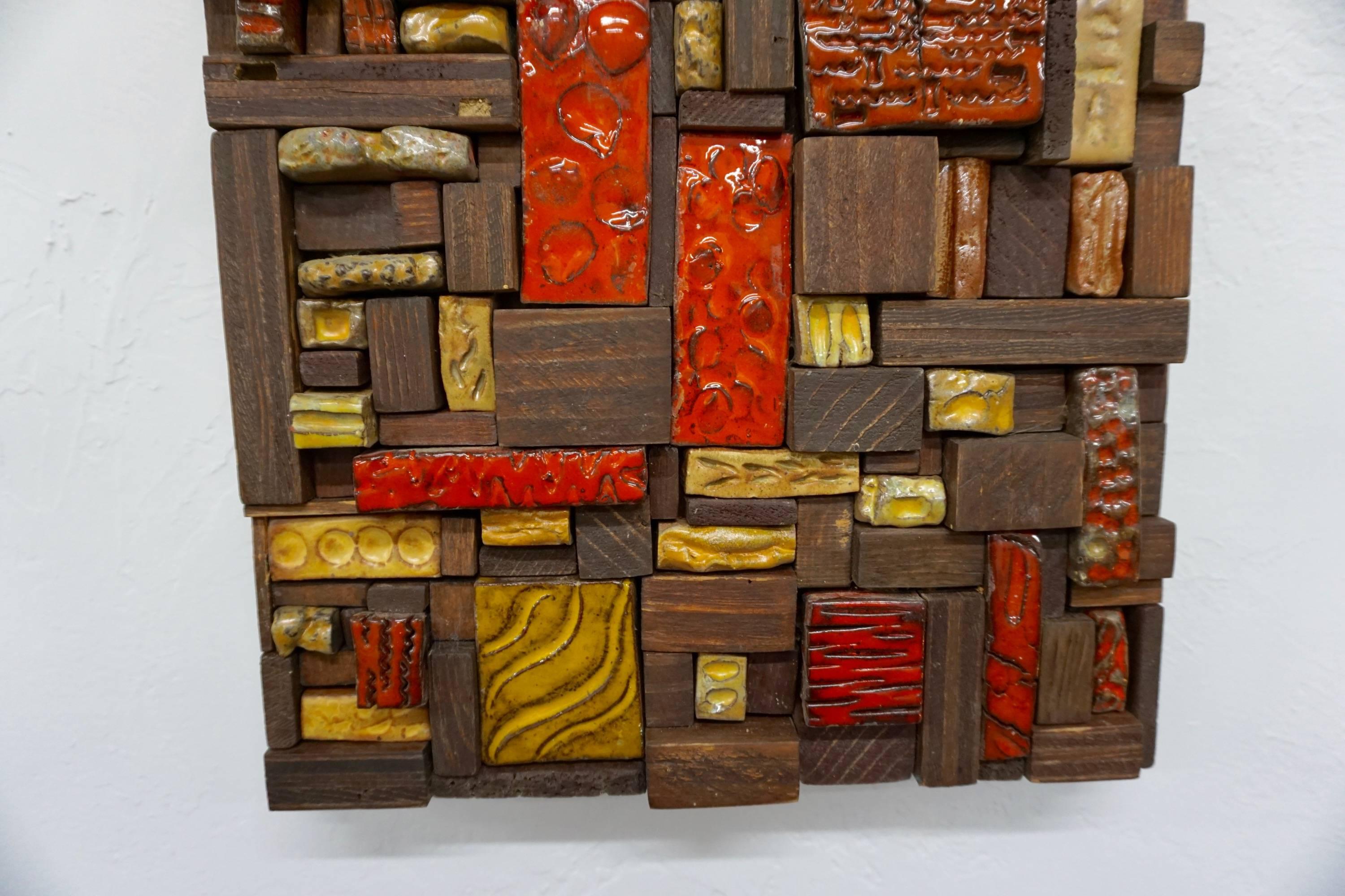 Mid-Century Modern 1960s Ceramic Tile and Wood Assemblage For Sale