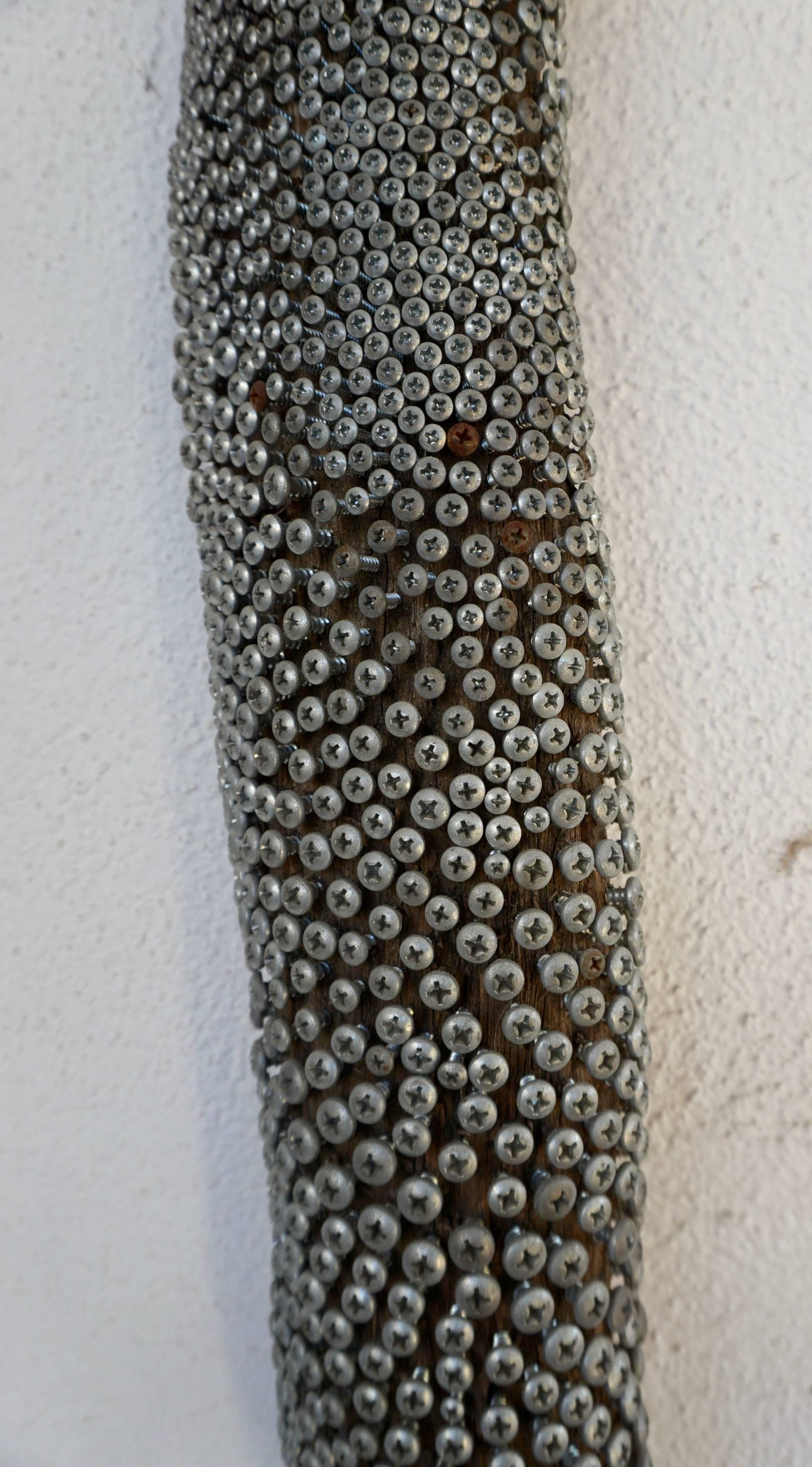 100s of Phillips screws screwed into a piece of driftwood creating a one of a kind, mesmerizing wall sculpture.
A form of obsessive art where repetition plays a significant role.
