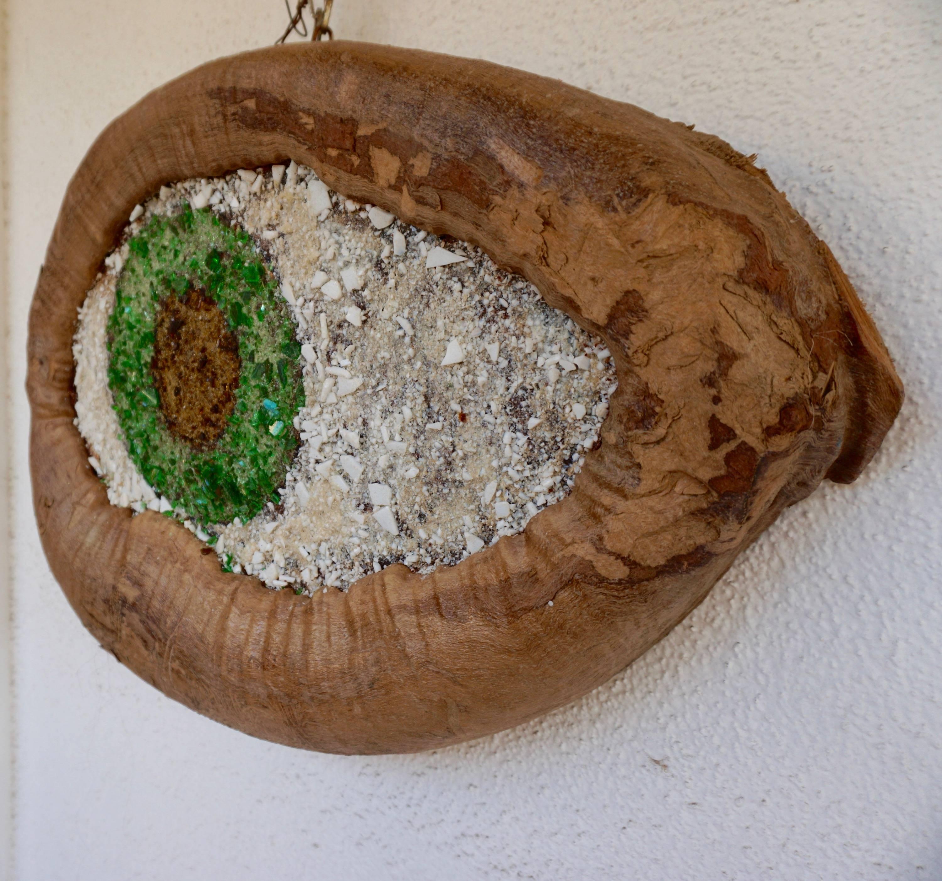 Weird wall-mounted eyeball sculpture comprised of driftwood and different colored glass glued to board.