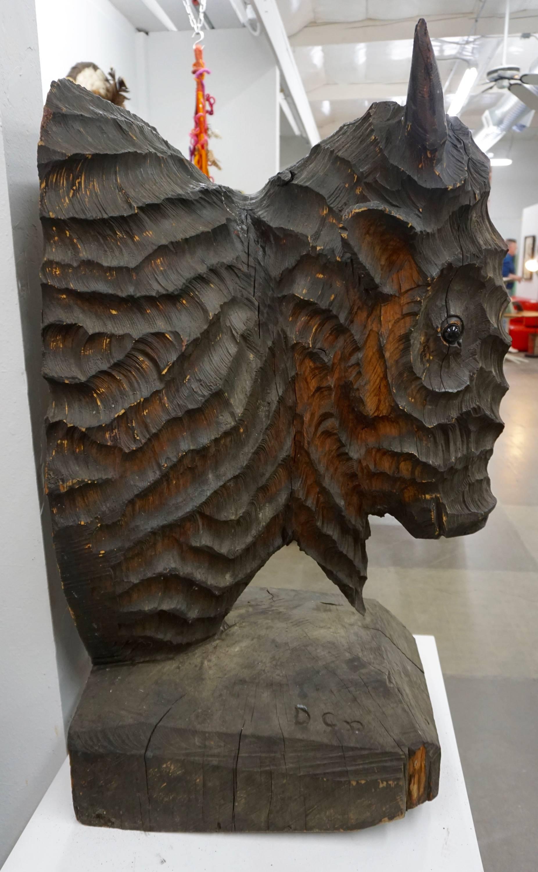 Wood Extraordinary Chainsaw Sculpted Buffalo Head For Sale