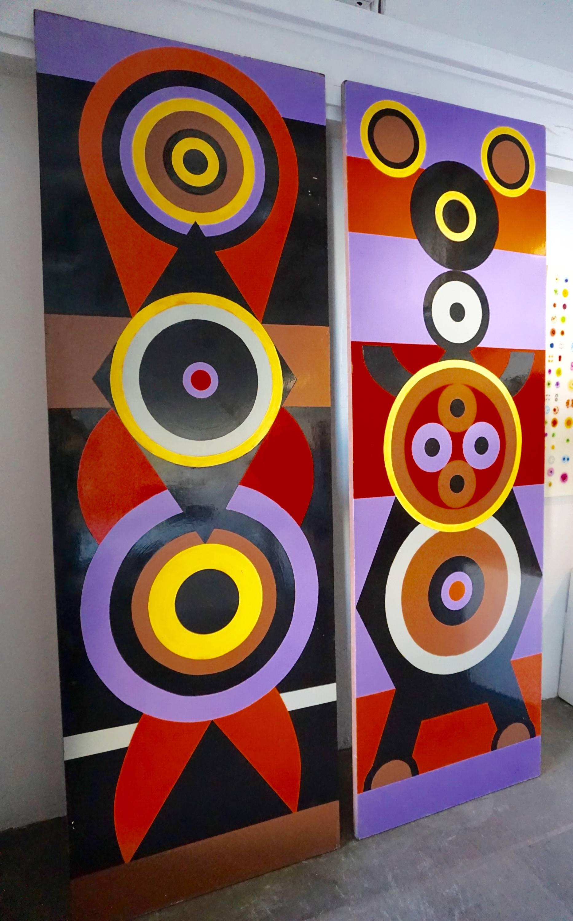Vibrant and colorful examples of geometric artwork coming out of the Pop Art movement. Each measures 90" H x 30" W x 1" D. High gloss enamel on board and signed at the underside "Kisch TOTEM '1/70.
