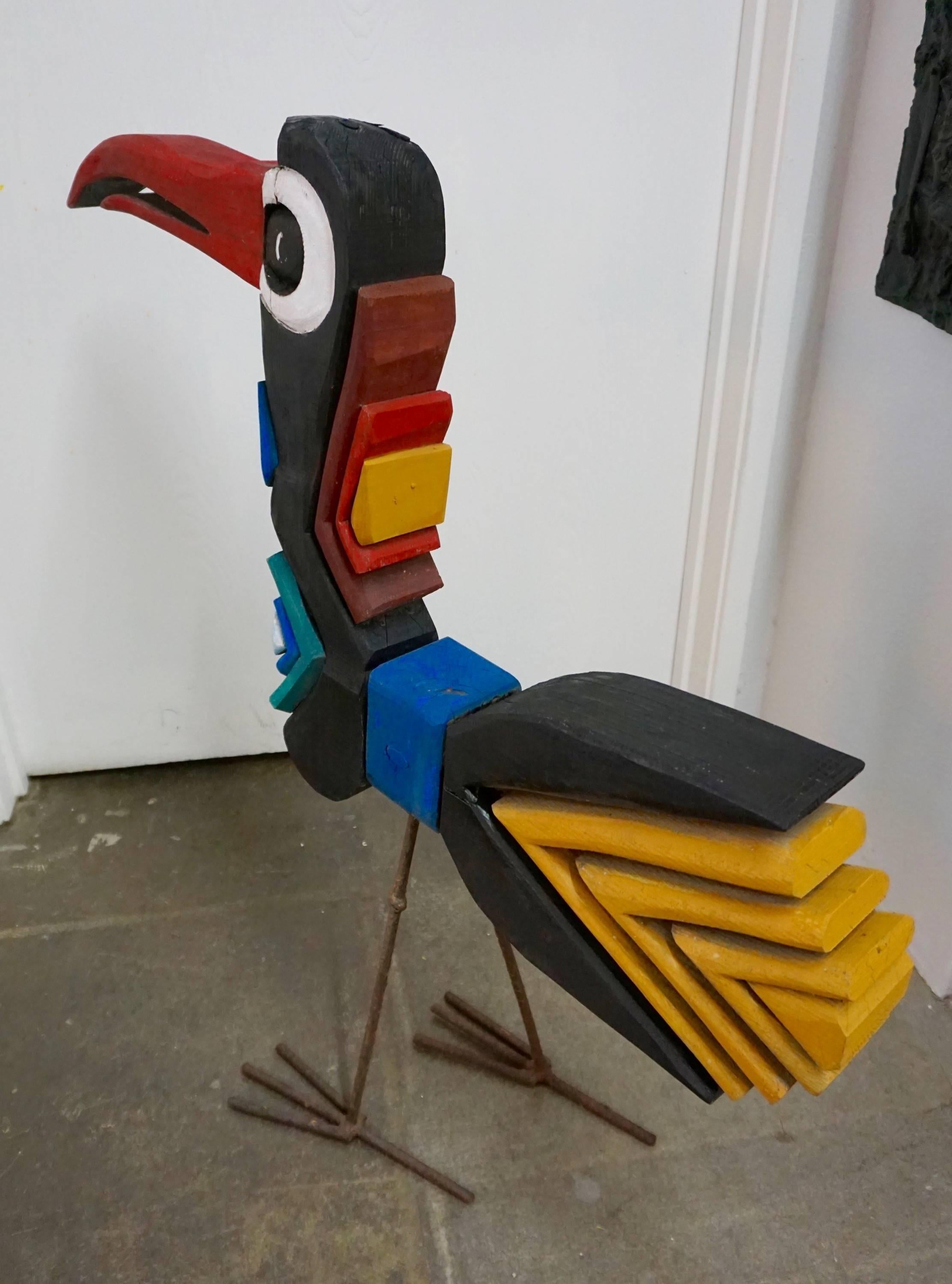 Colorful Folk Art Bird Sculpture In Excellent Condition In Cathedral City, CA