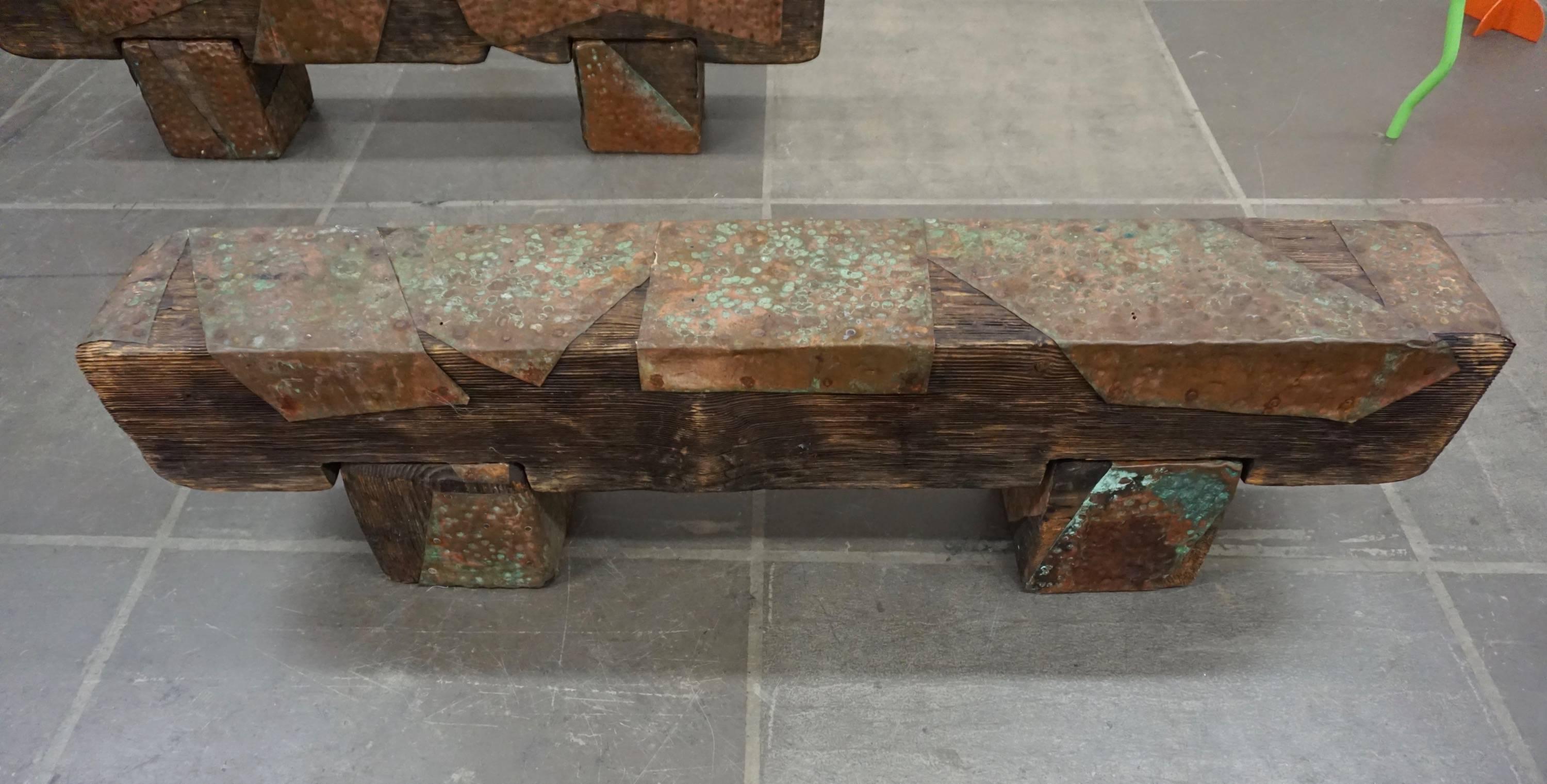 Pair of Brutalist Wood Benches 4