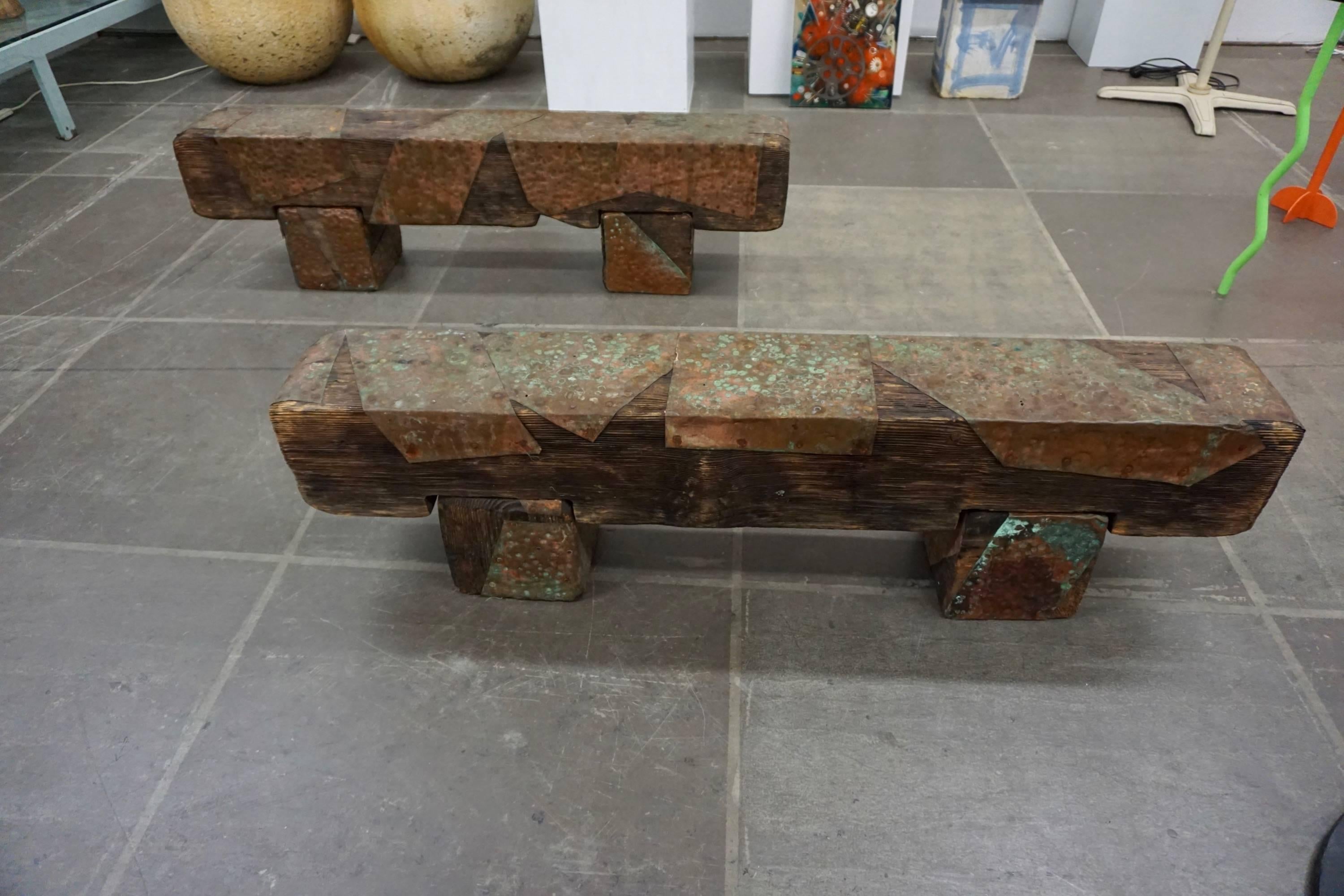 Pair of Brutalist Wood Benches 6