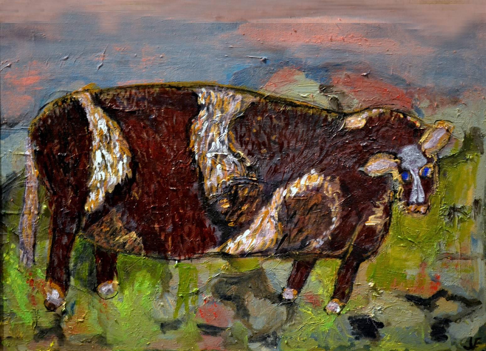 California artist JoAnne Fleming (b. 1930), known for her colorful expressionist portraits of women, is equally known for her often whimsical and colorful portraits of animals, particularly cows and horses. 

This portrait of a cow is particularly