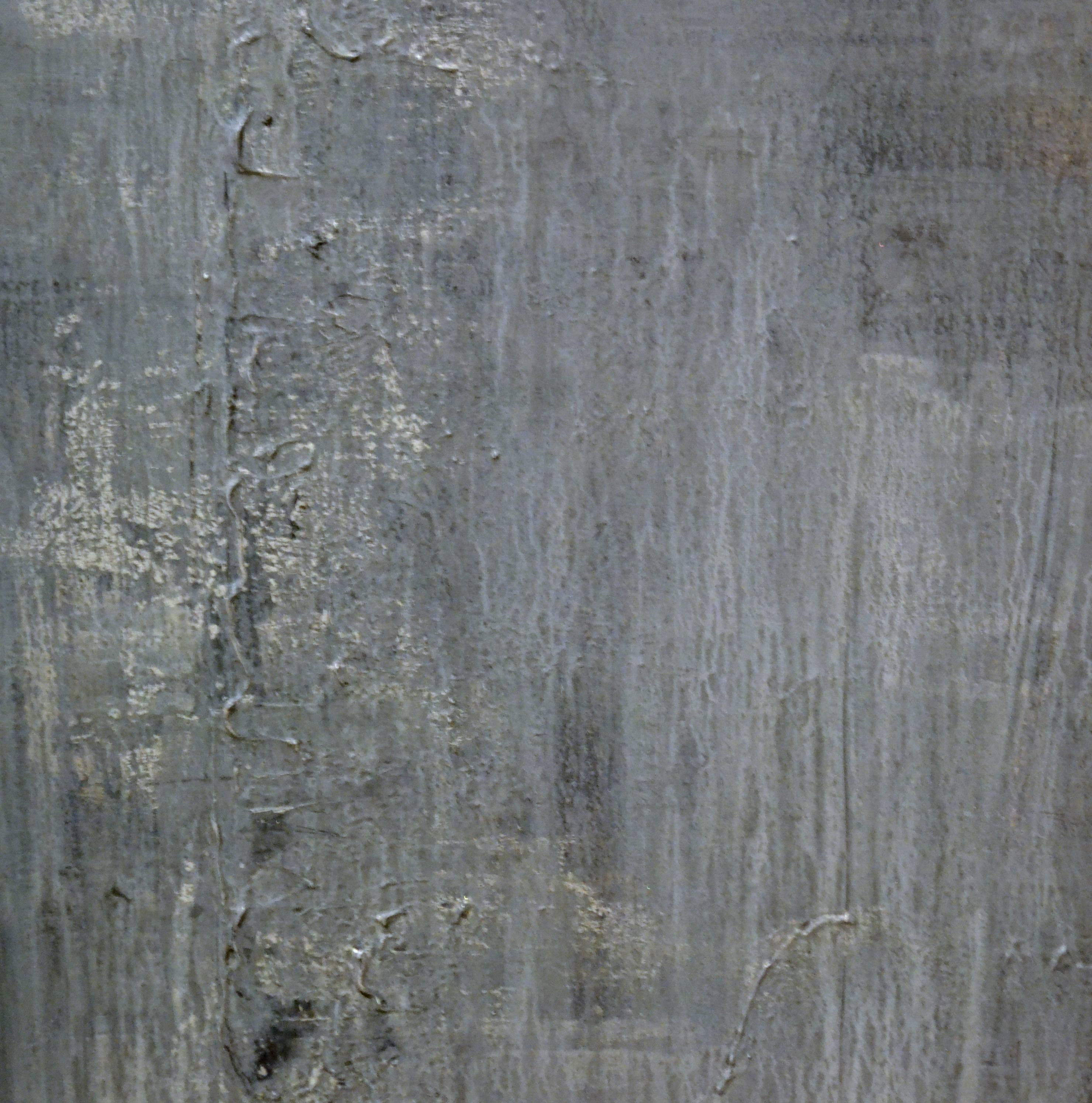 This painting is relatively small by artist Peri Gutierrez's standards, but it makes a powerful and elegant statement. Titled GALVANIZED and executed in mixed media with silver leaf on canvas with a matte finish, it reflects the artist's fascination