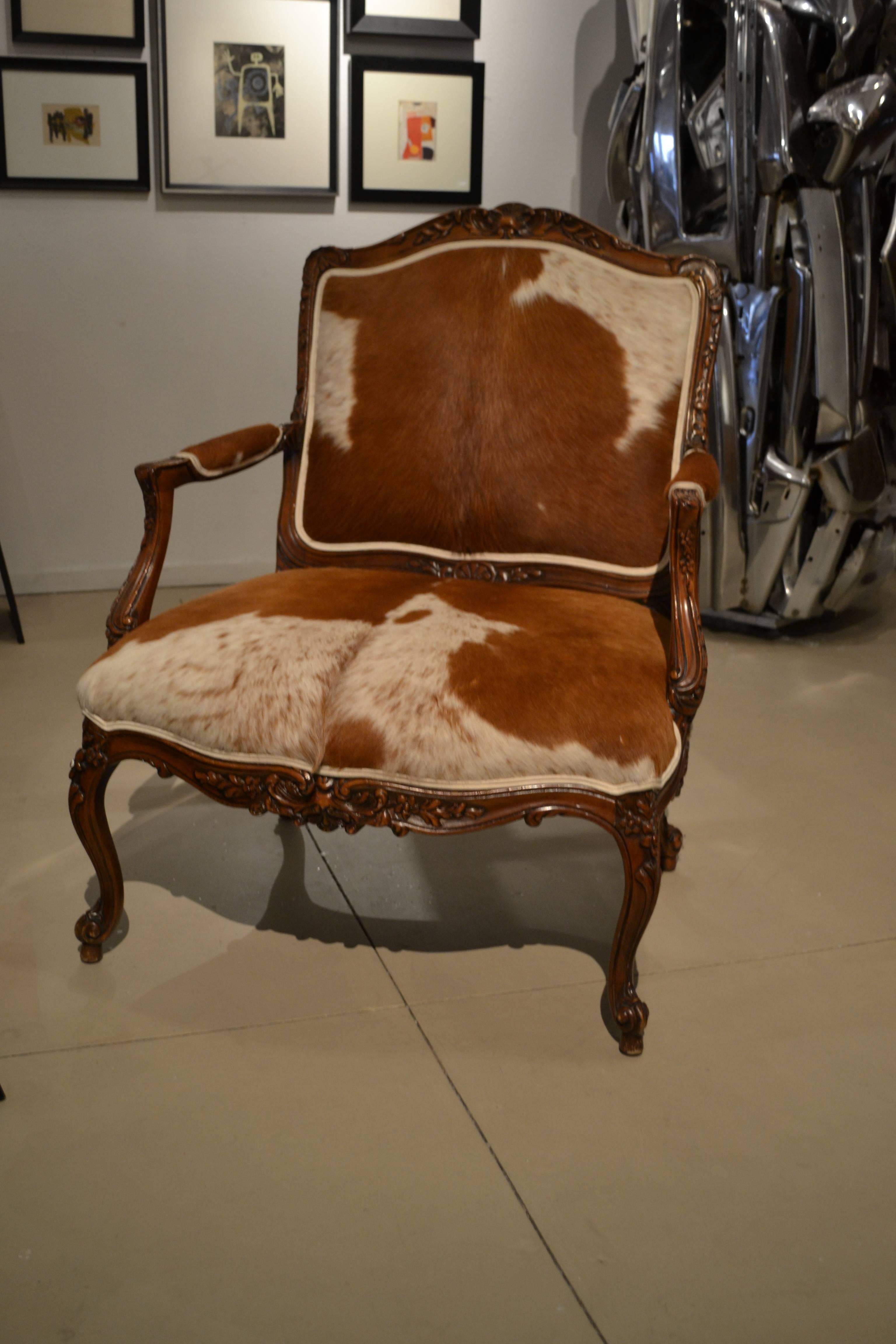 20th Century Large French Louis XV Carved Oak Armchair Upholstered in Horse Hair