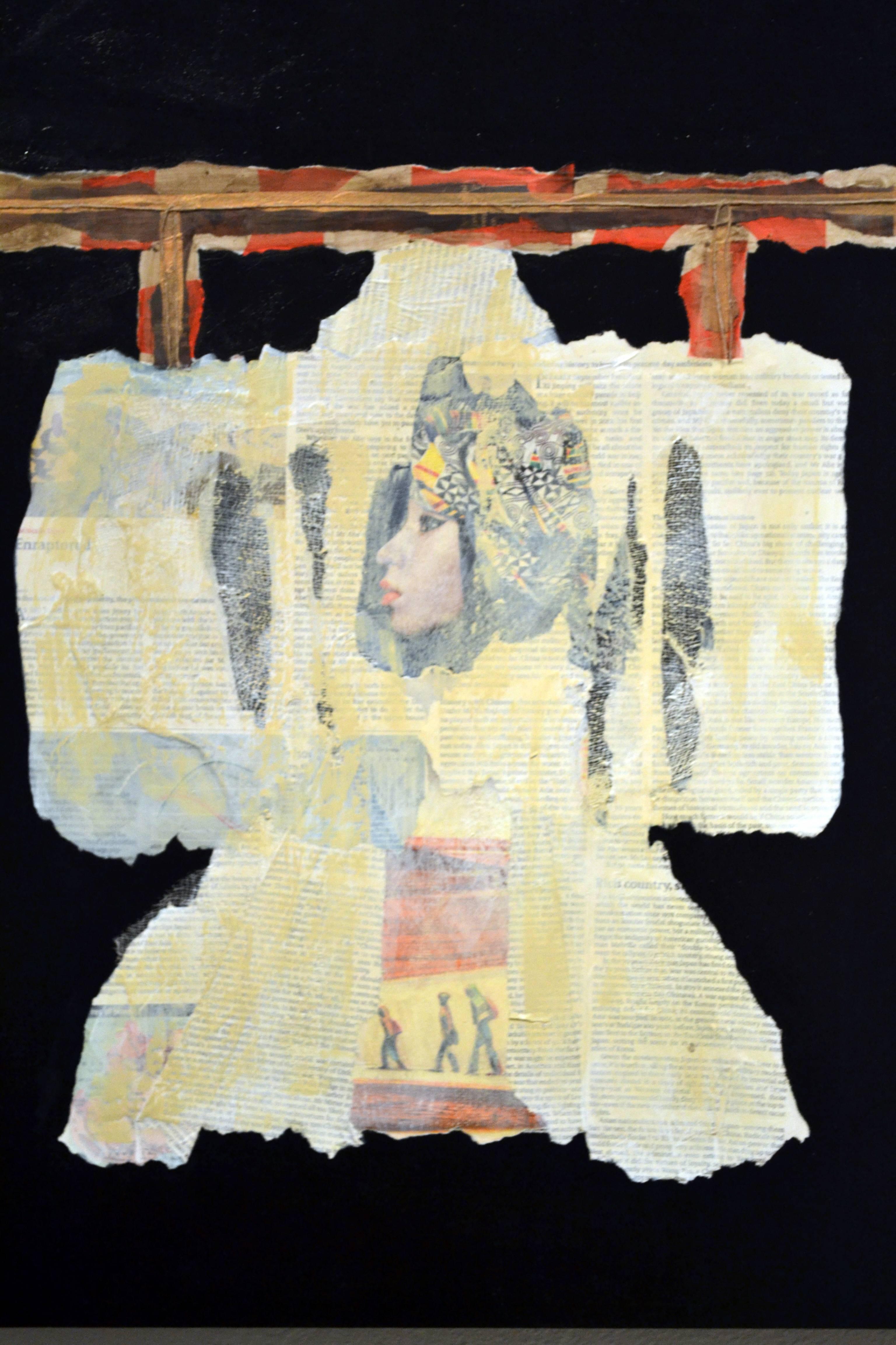 Artist Jane Evans is greatly inspired by natural forms and the deconstruction of organic and architectural elements. This abstract mixed-media collage on board titled Artist no 49 with African American model is one of six in a series painted on