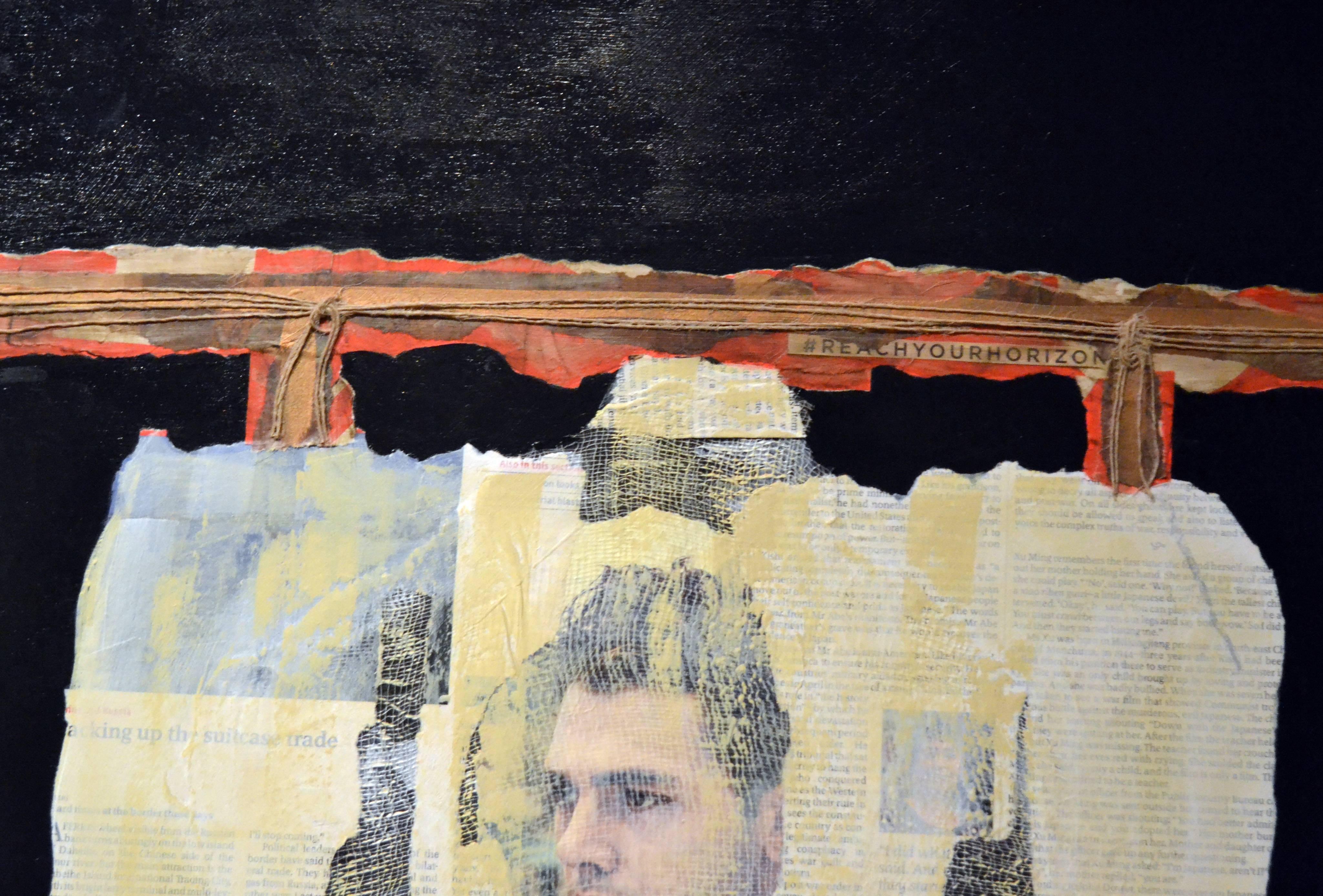Artist Jane Evans is greatly inspired by natural forms and the deconstruction of organic and architectural elements. This abstract mixed-media collage on board titled Artist no 53 with young man's face is one of six in a series painted on wooden box