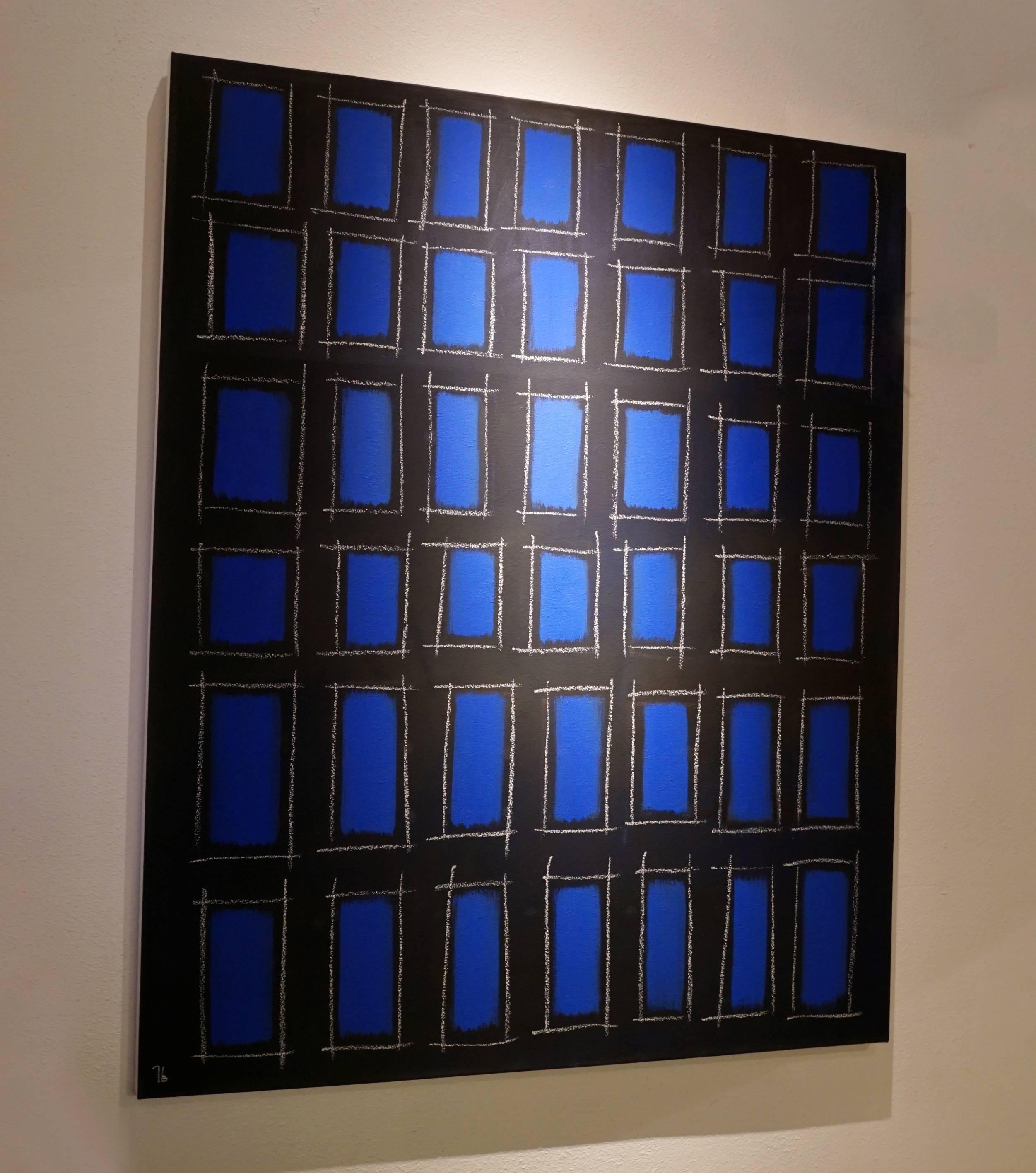 American Abstract Oil Painting With Vivid Blue Squares and Black Grid by Tina Bluefield For Sale