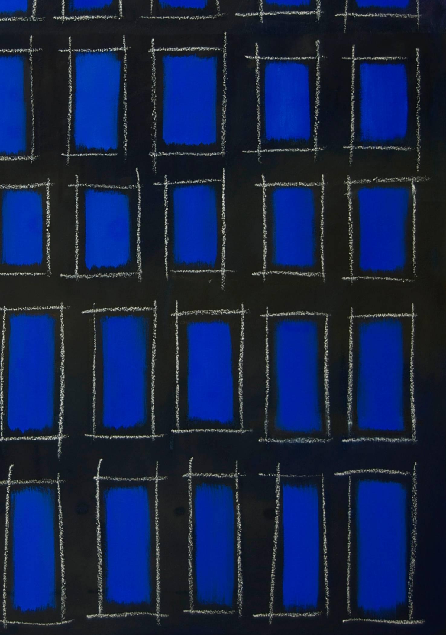 This exceptional abstract painting by highly collected artist Tina Bluefield (b. 1945) is particularly striking because of the deep blue that surfaces from behind a grid of black and gray. It is painted in the artist's signature medium of oil paint
