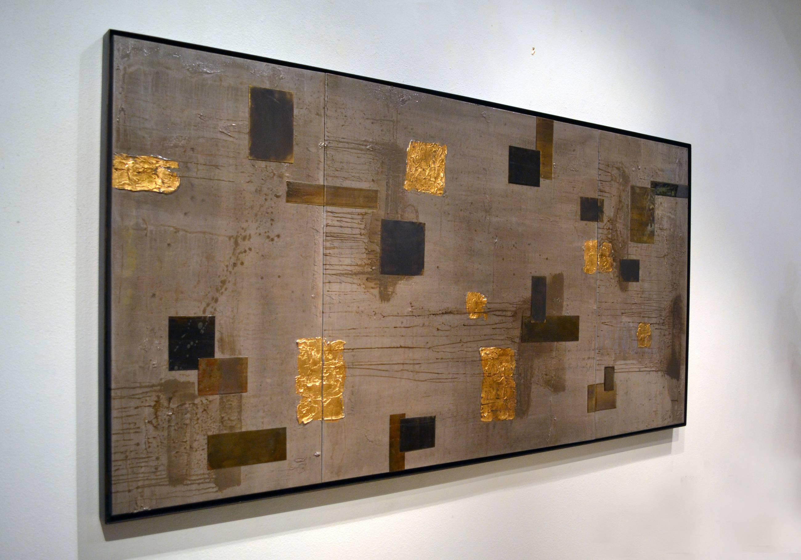 Artist Peri Gutierrez appropriately titled this exceptional mixed media abstract triptych Illumination. The artists use of various metals, including copper and the application of gold leaf elements over layers of paint washes that she then coats in
