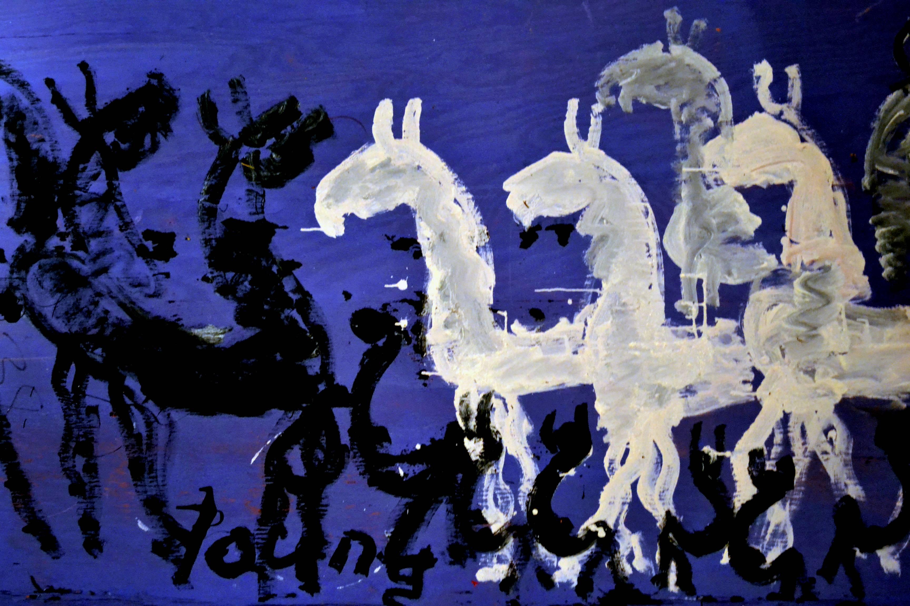 American Large Impressive Abstract Painting of Horses on Blue by Purvis Young For Sale