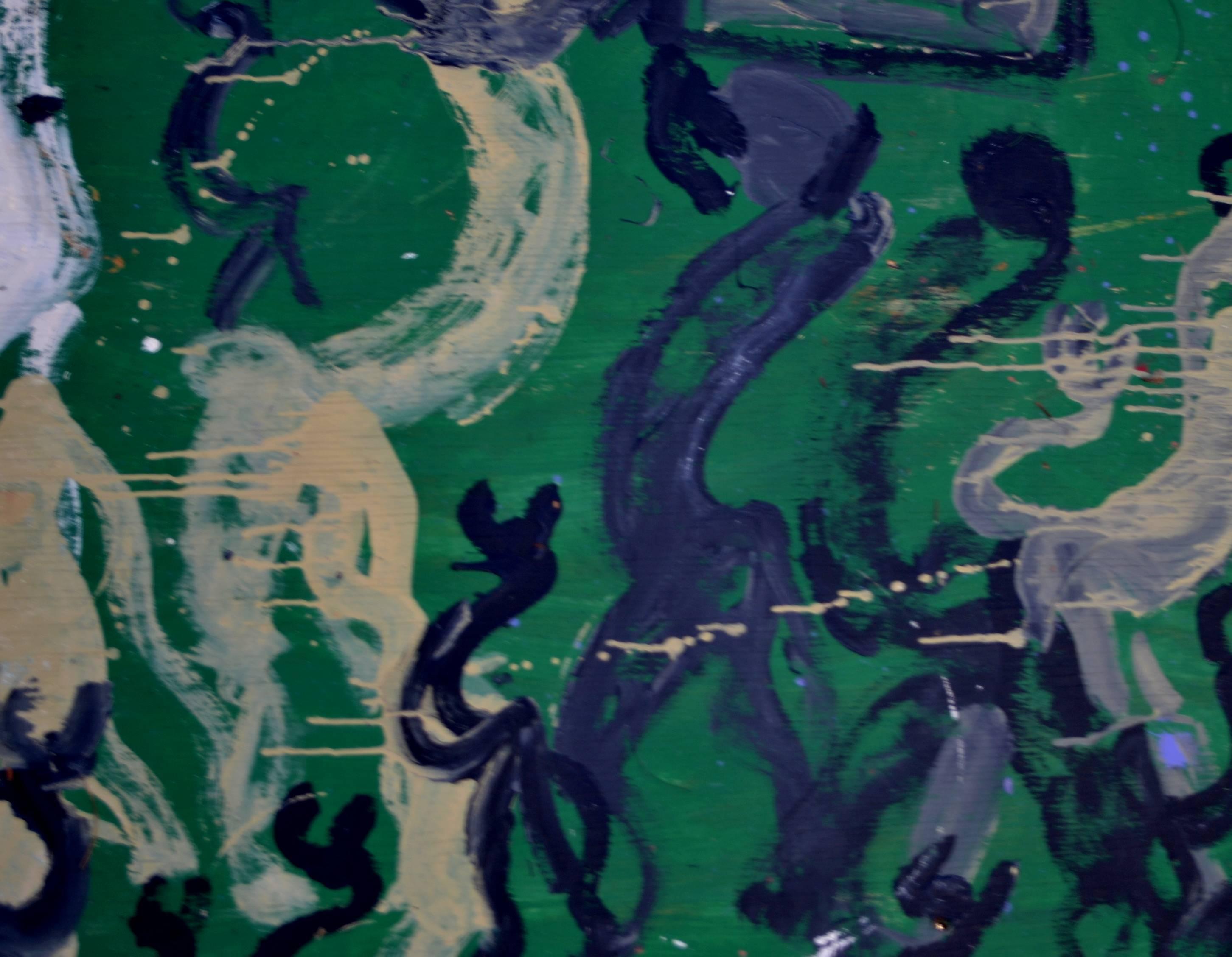 Large Abstract Painting of Horses on Kelly Green by Purvis Young In Excellent Condition For Sale In Cathedral City, CA