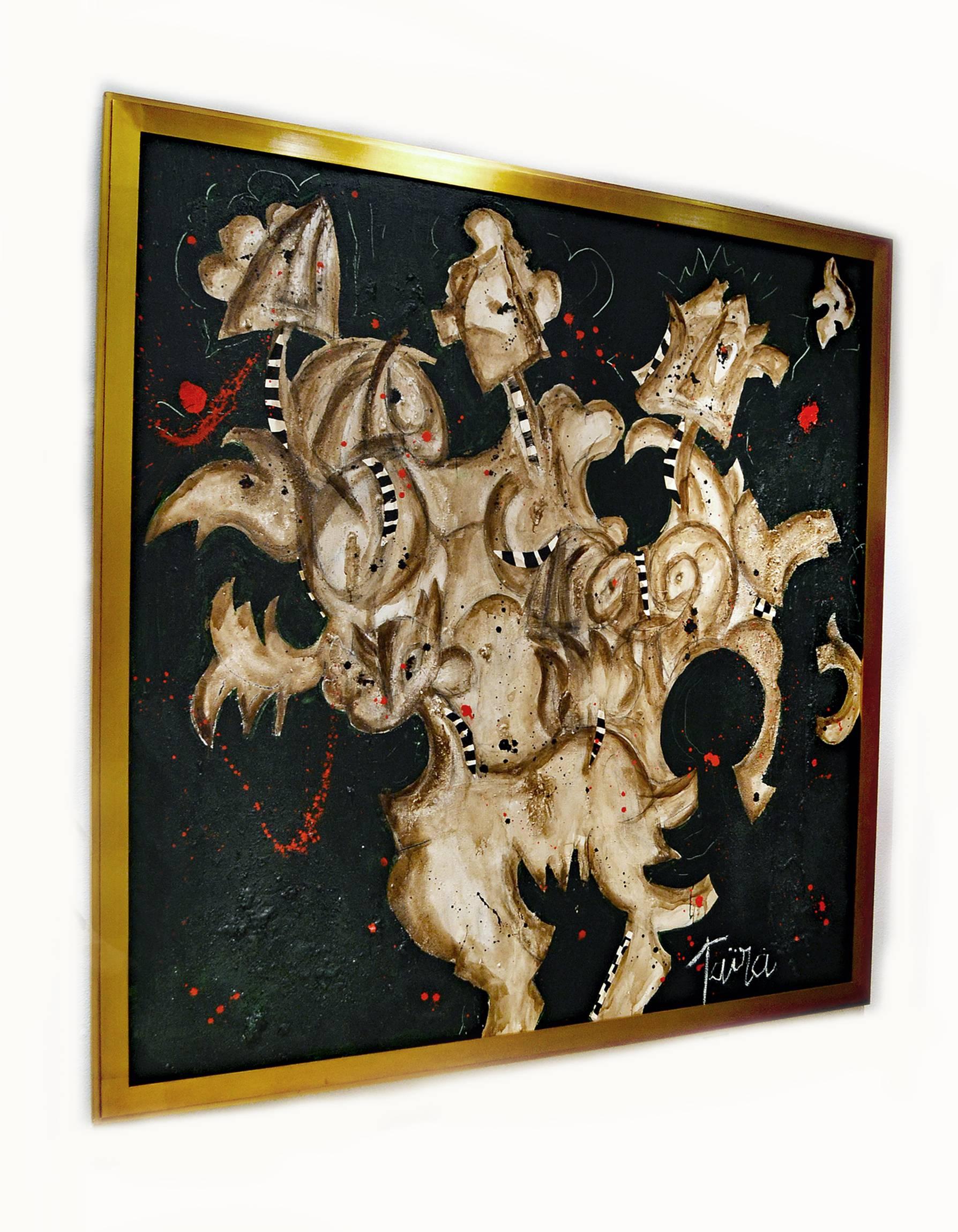 Artist Taira, was born in Russia, studied art in Paris, Montreal and Los Angeles. Titled Harlequins, this mixed media Expressionist abstract work of art is richly textured and layered in ivory and brown with red accents, against a deep green, almost