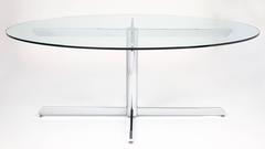 French Modernist Oval Glass and Chrome Knoll Style Dining Table