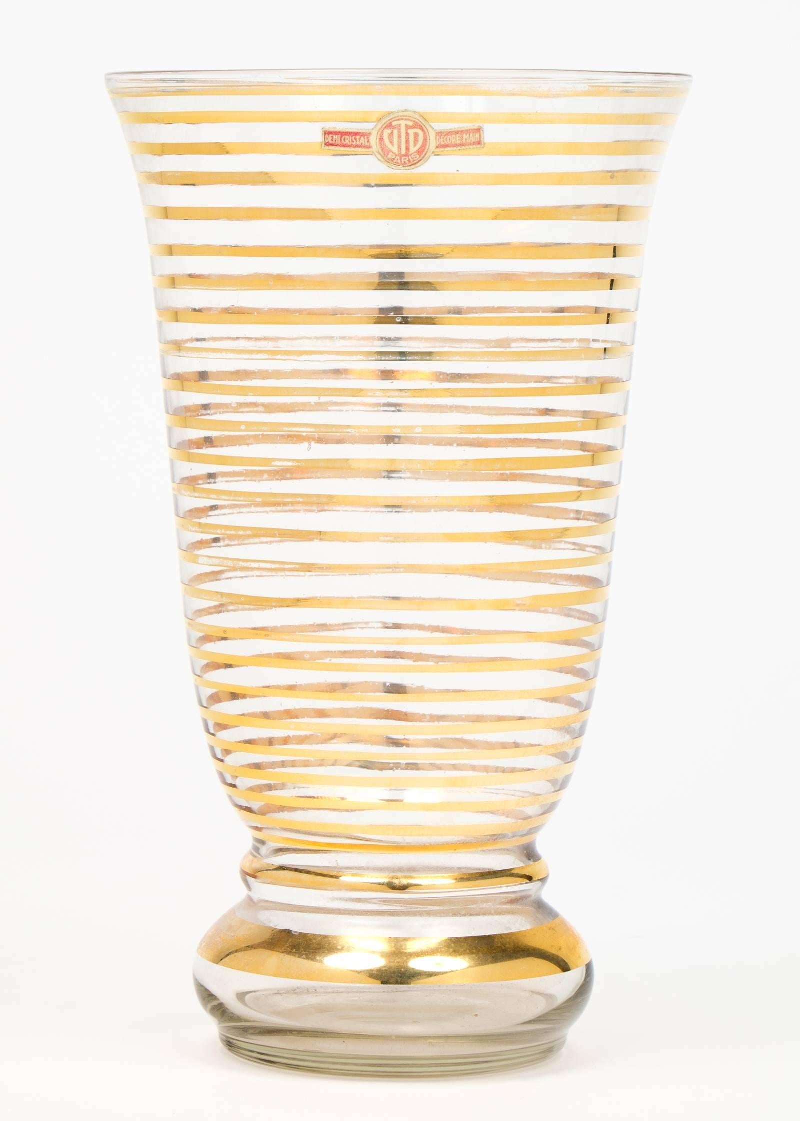 French Art Deco Gilt Stripe Crystal Vases In Good Condition In Austin, TX