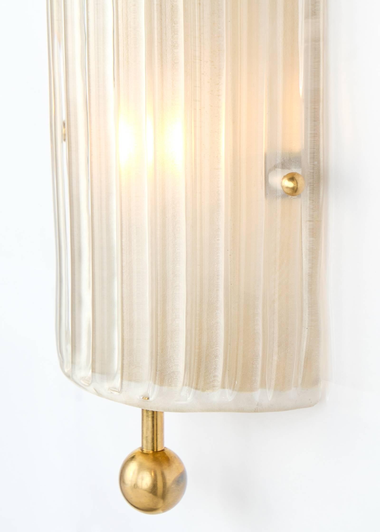 Art Deco Style Murano Glass and Brass Finial Sconces In Excellent Condition In Austin, TX