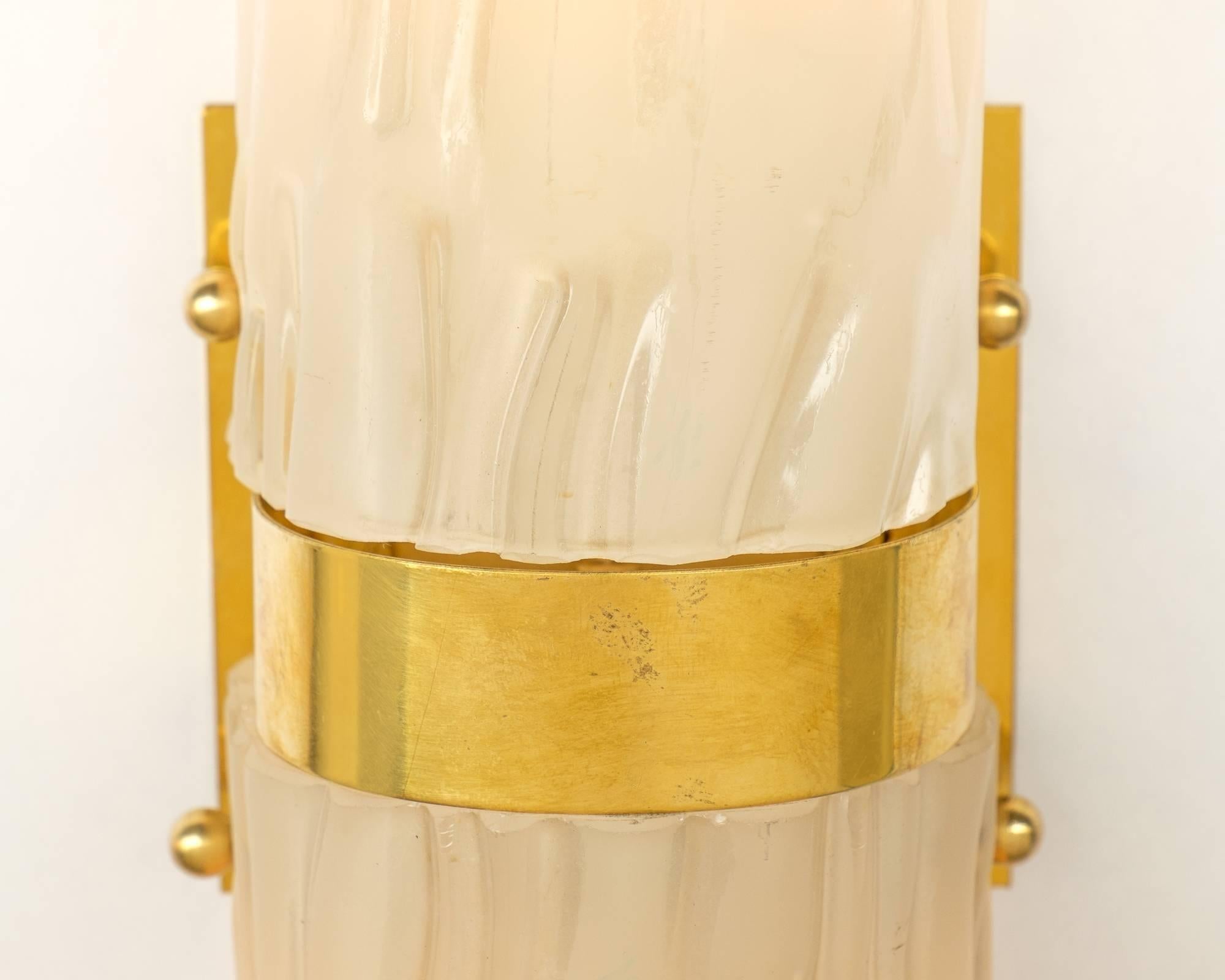 Art Deco Murano Textured Glass and Brass Sconces For Sale 1