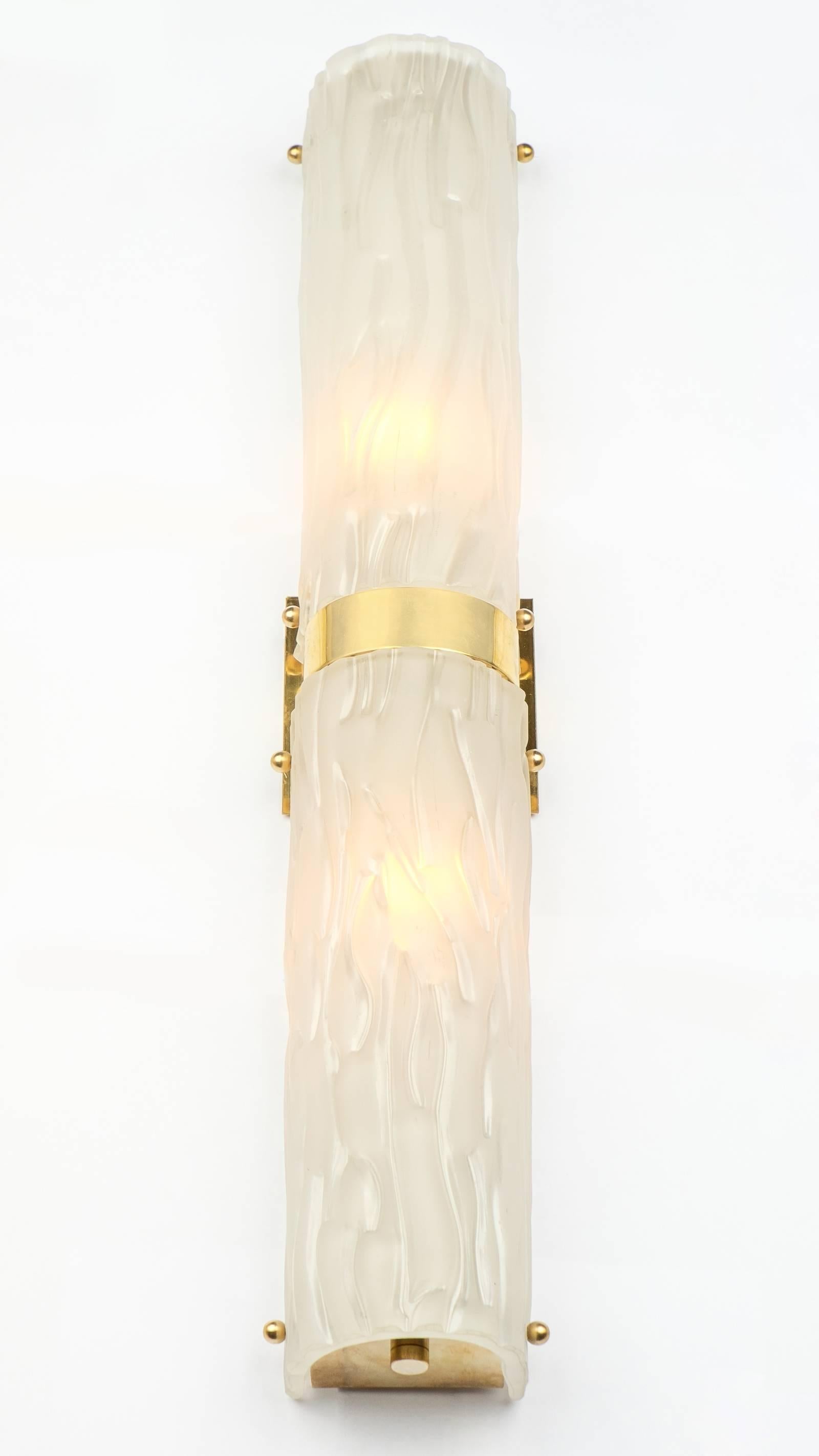 Mid-Century Modern Art Deco Murano Textured Glass and Brass Sconces For Sale