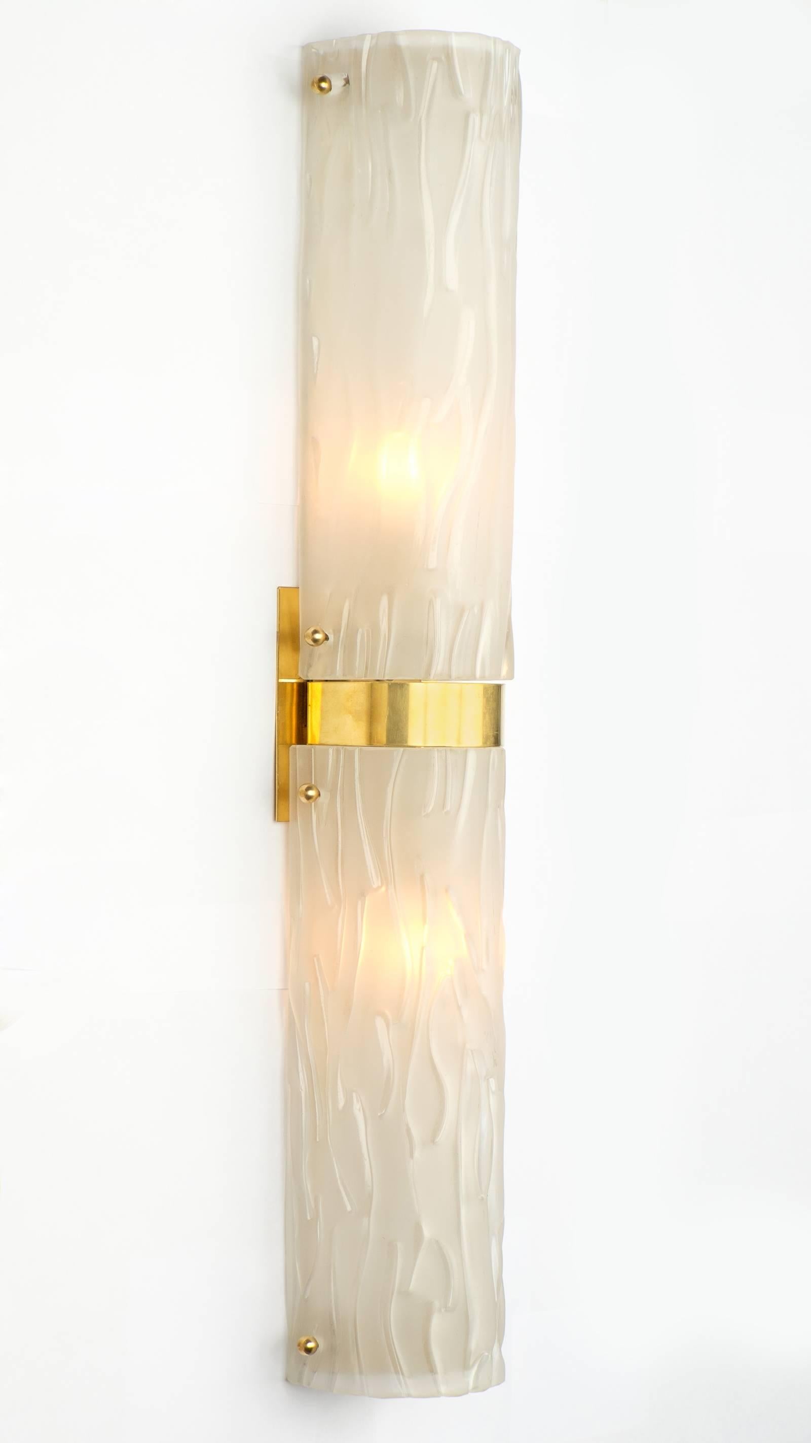 Italian Art Deco Murano Textured Glass and Brass Sconces For Sale