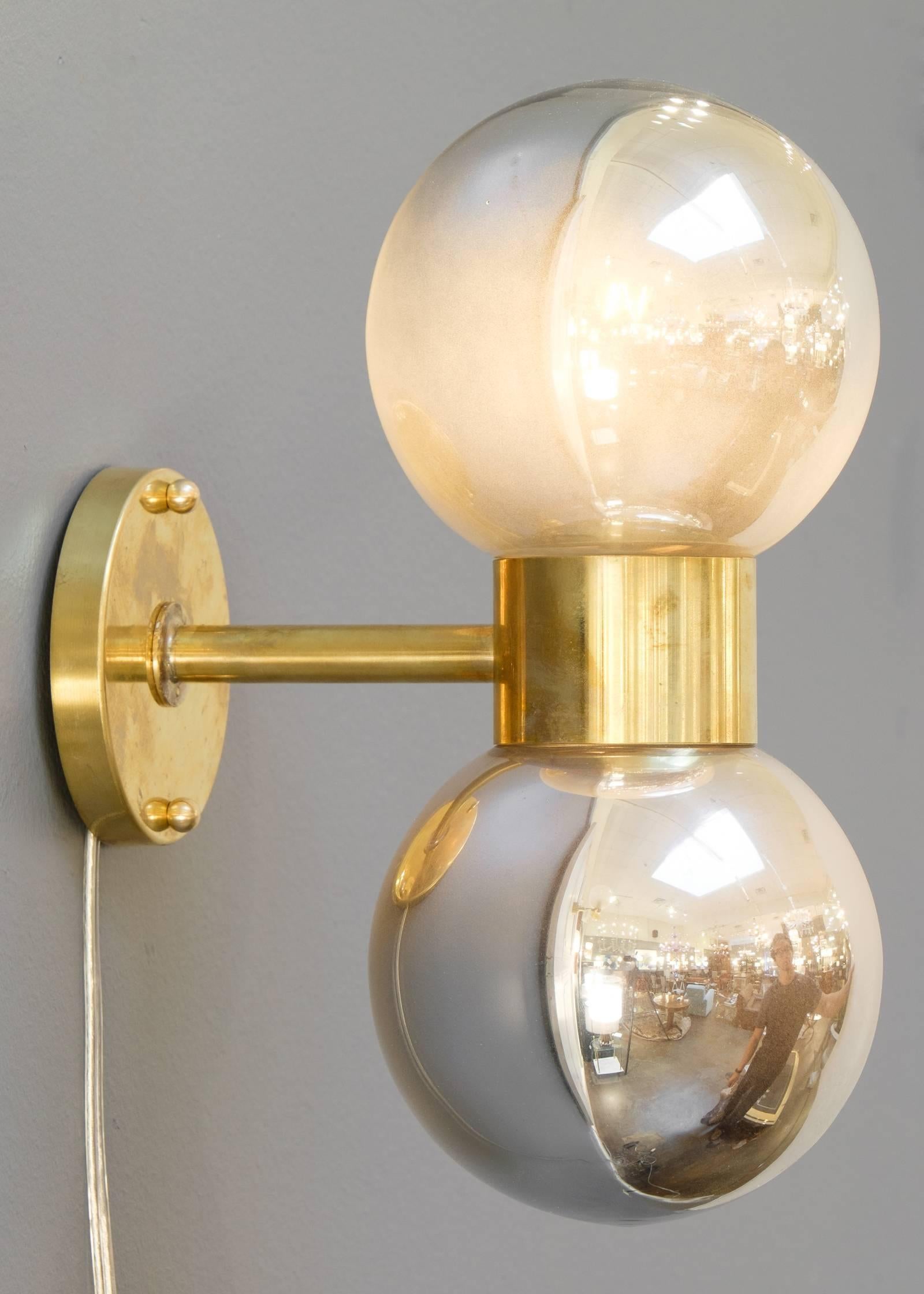 Mid-Century Modern Murano Mercury Glass Globe Brass Sconces