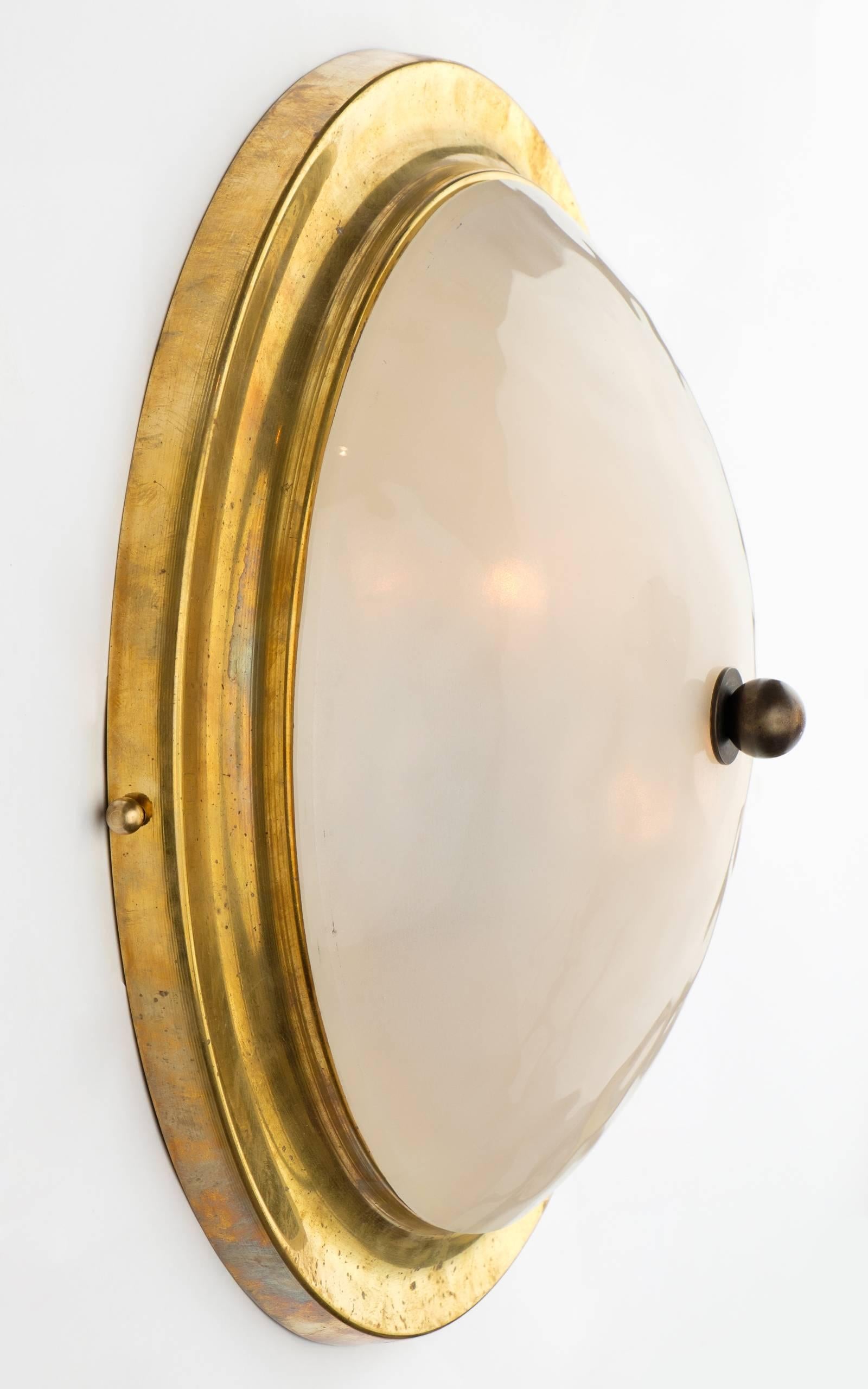 Mid-Century Murano Glass and Brass Flush Mount Ceiling Fixture or Sconce In Excellent Condition In Austin, TX