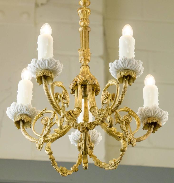 French 19th Century GoldLeafed Chandelier with Porcelain Bobeches at