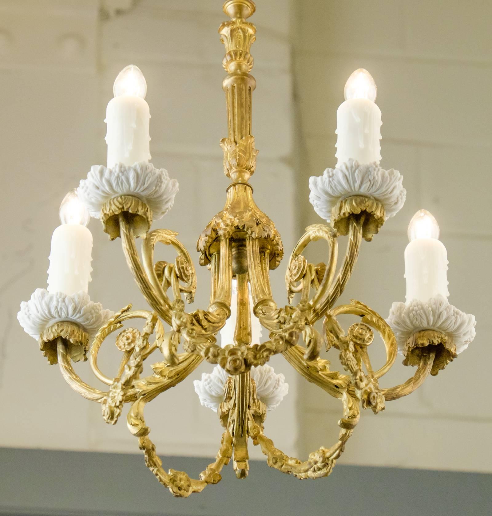 Gilt French 19th Century Gold-Leafed Chandelier with Porcelain Bobeches