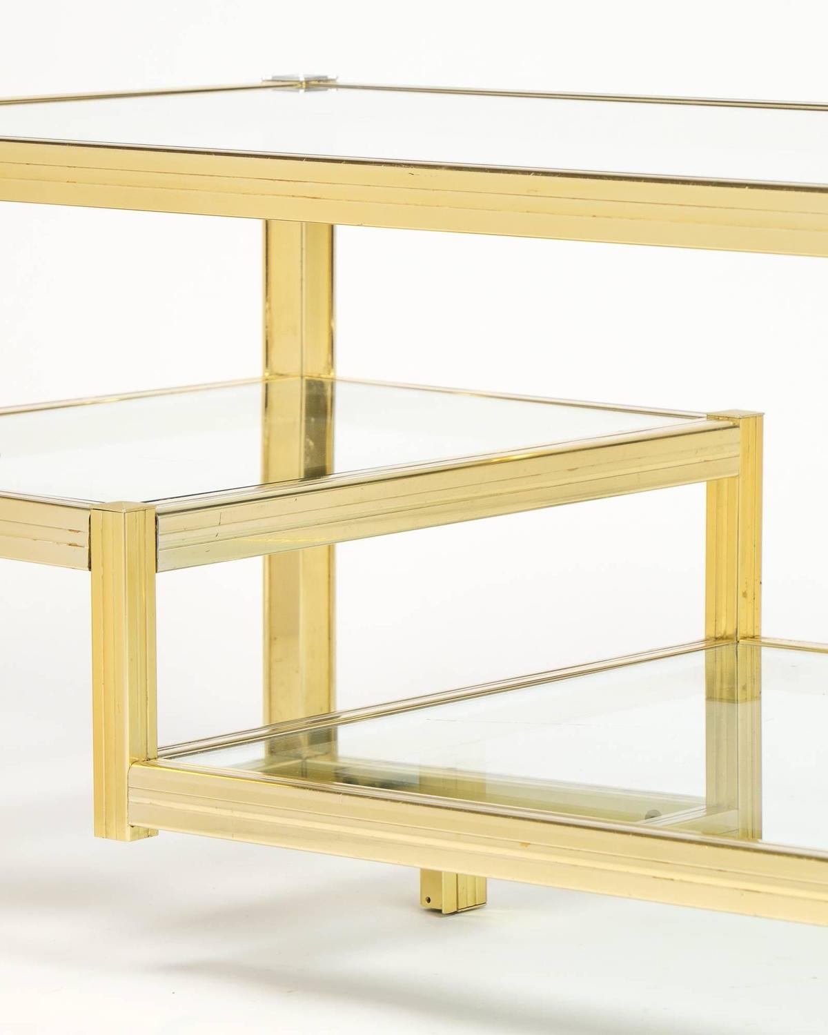 French Mid-Century Three-Tier Brass Glass Top Coffee Table For Sale at 1stdibs