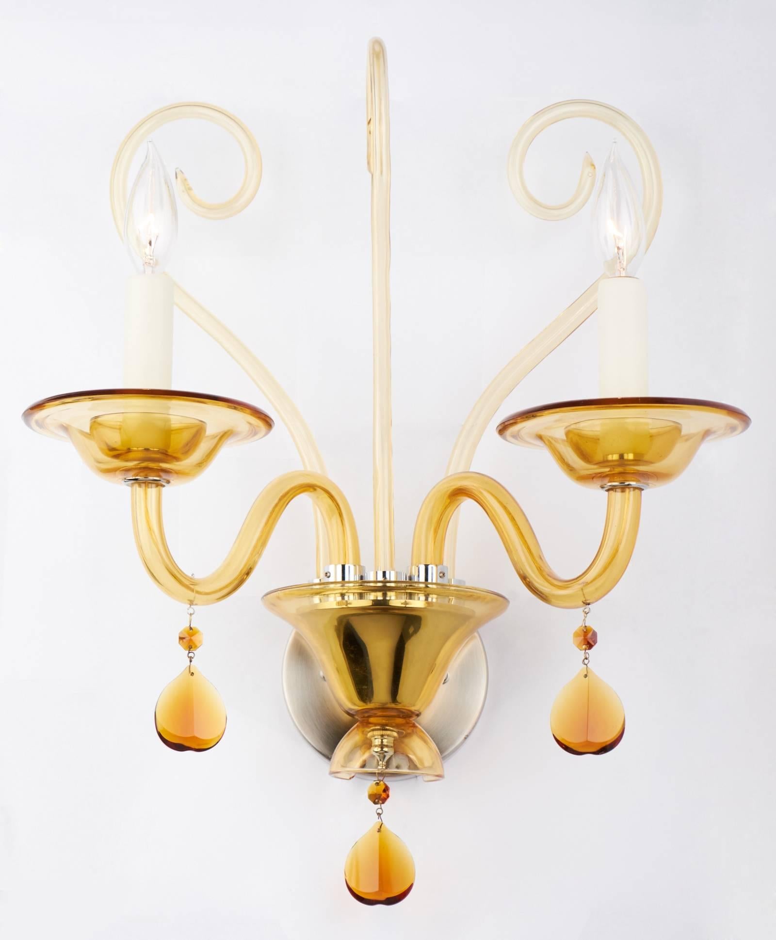 Beautiful Murano amber glass wall sconce with chrome fittings and amber pendants. Two lights, rewired for the US.