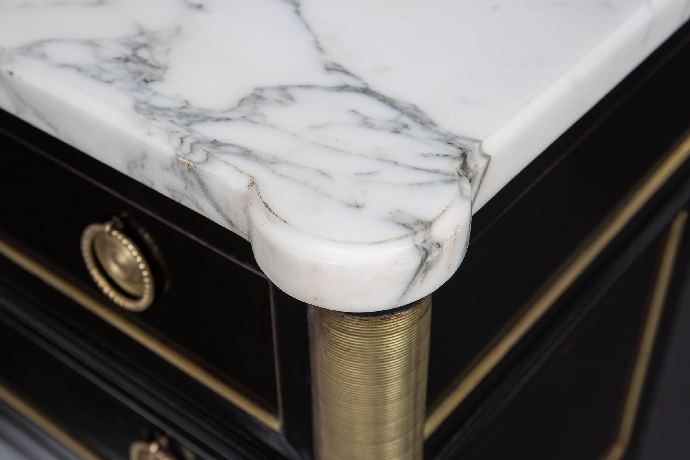 19th Century Louis XVI Style Ebonized French Chest of Drawers with White Marble Top