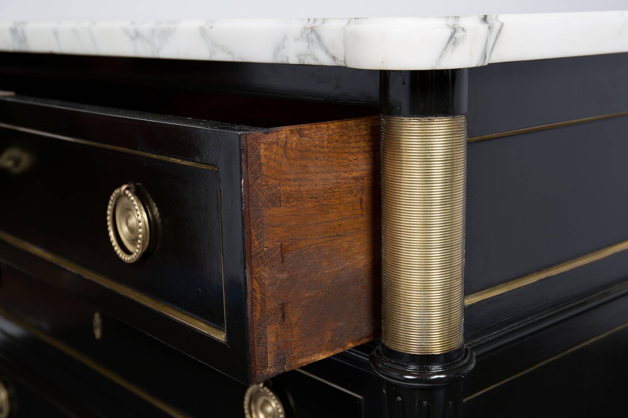 Brass Louis XVI Style Ebonized French Chest of Drawers with White Marble Top